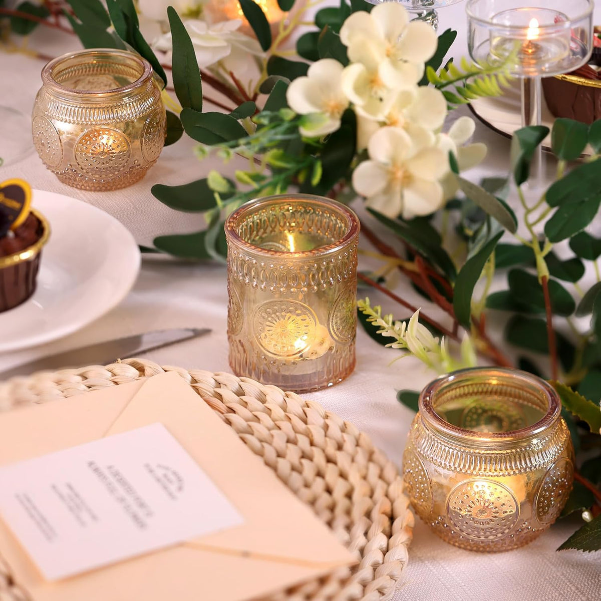 DARJEN 24Pcs Gold Votive Candle Holders - Glass Candle Holder Bulk for Table Centerpiece, Tea
