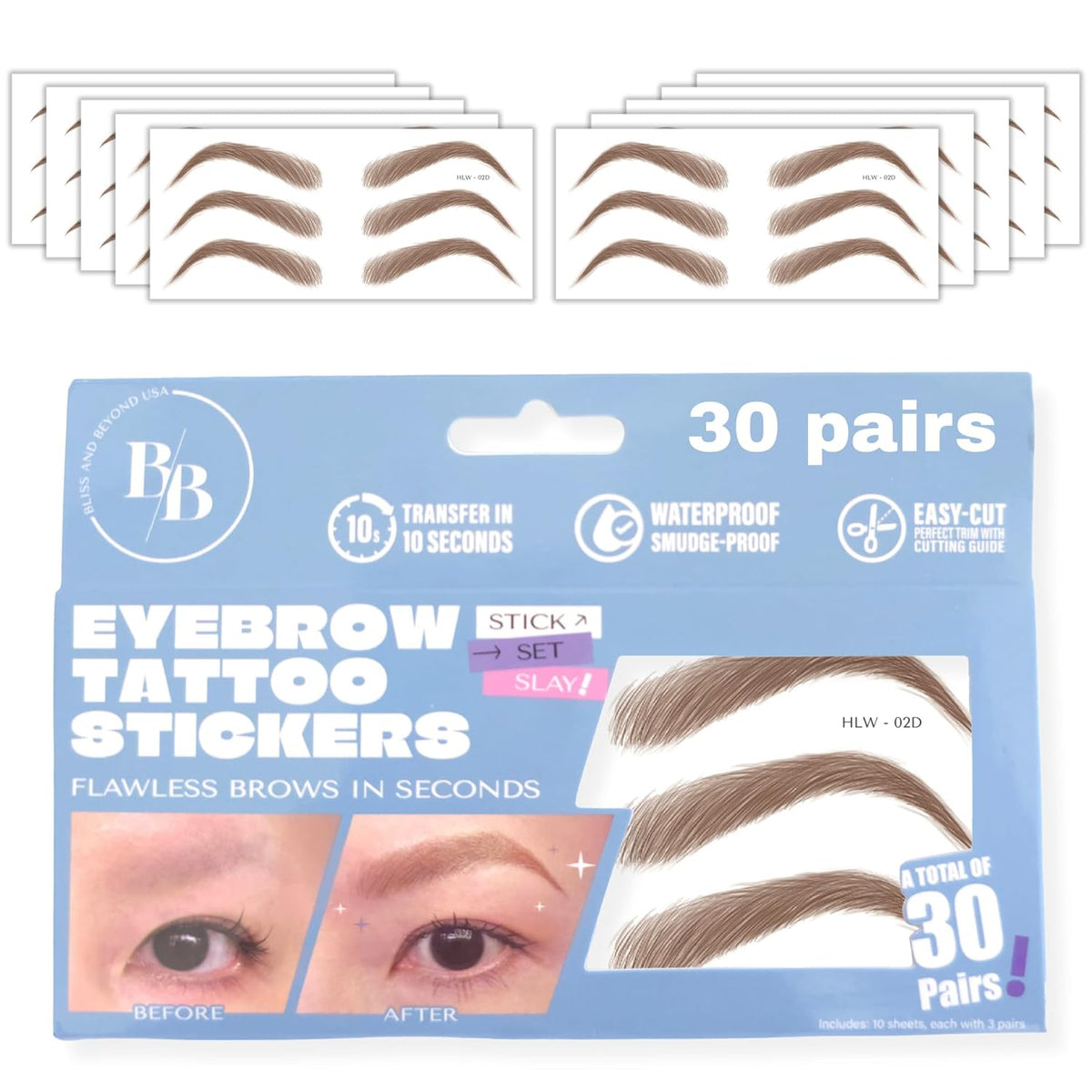 Bliss and Beyond USA Eyebrow Tattoo Stickers Waterproof – 30-Pair Deluxe Box | Realistic Hair-Like