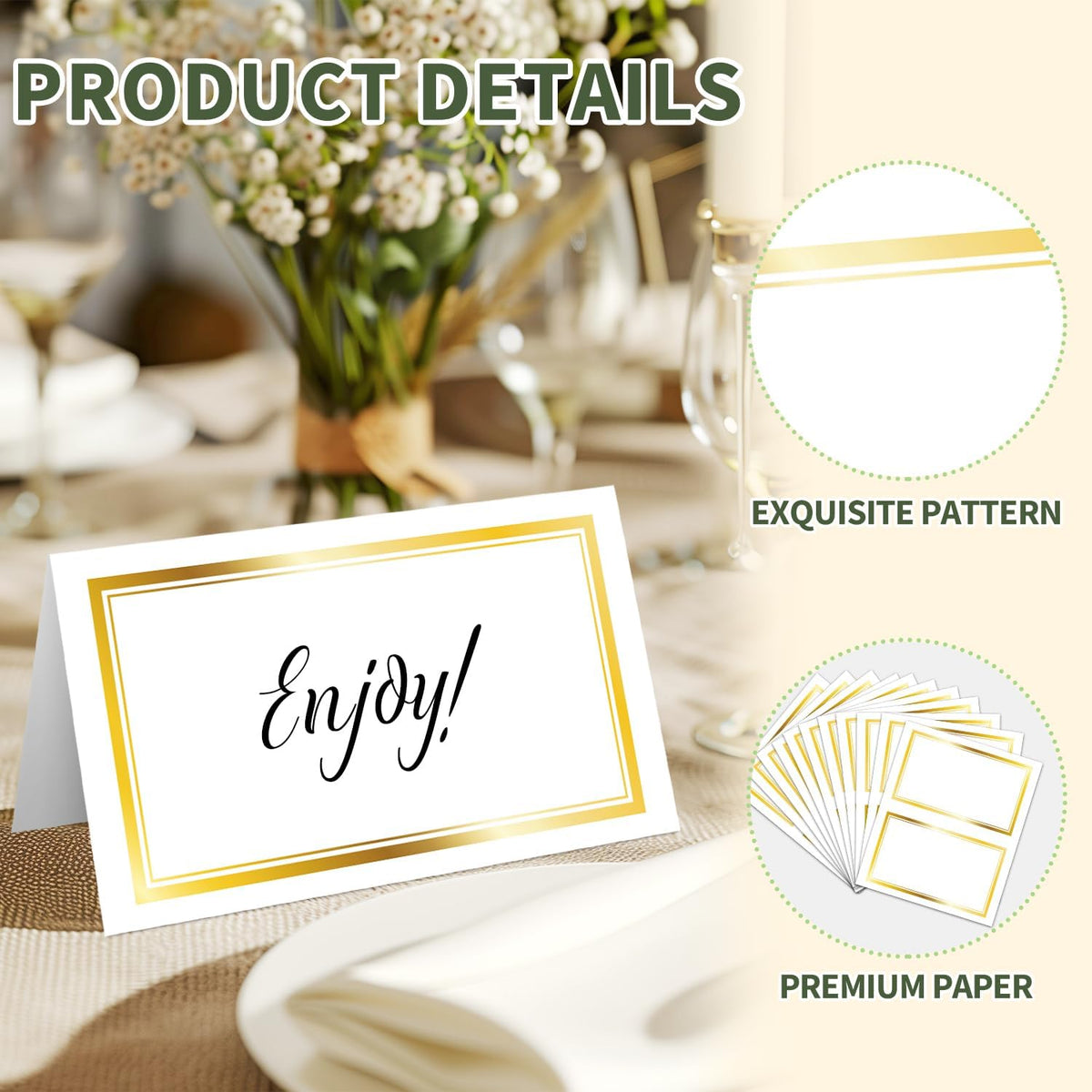 25 Premium Place Cards for Table Seating, Wedding Name Place Card with Gold Foil Border, Tent Cards