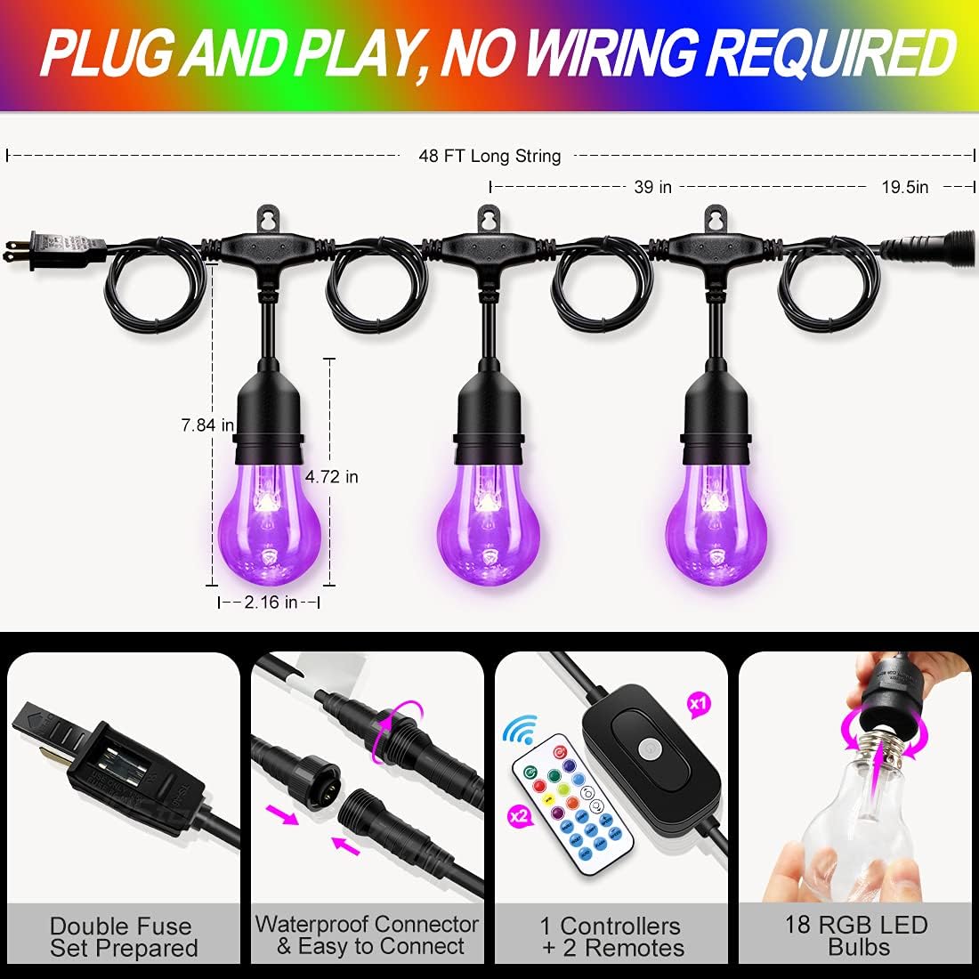 48FT Outdoor RGB String Lights, 16 Shatterproof Edison Bulbs, Dimmable Color Changing Patio Lights