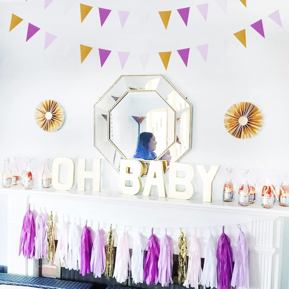Purple Gold Graduation Decorations - 30pcs Kits Lavender White Paper Flowers,Banner Flags,Tassel