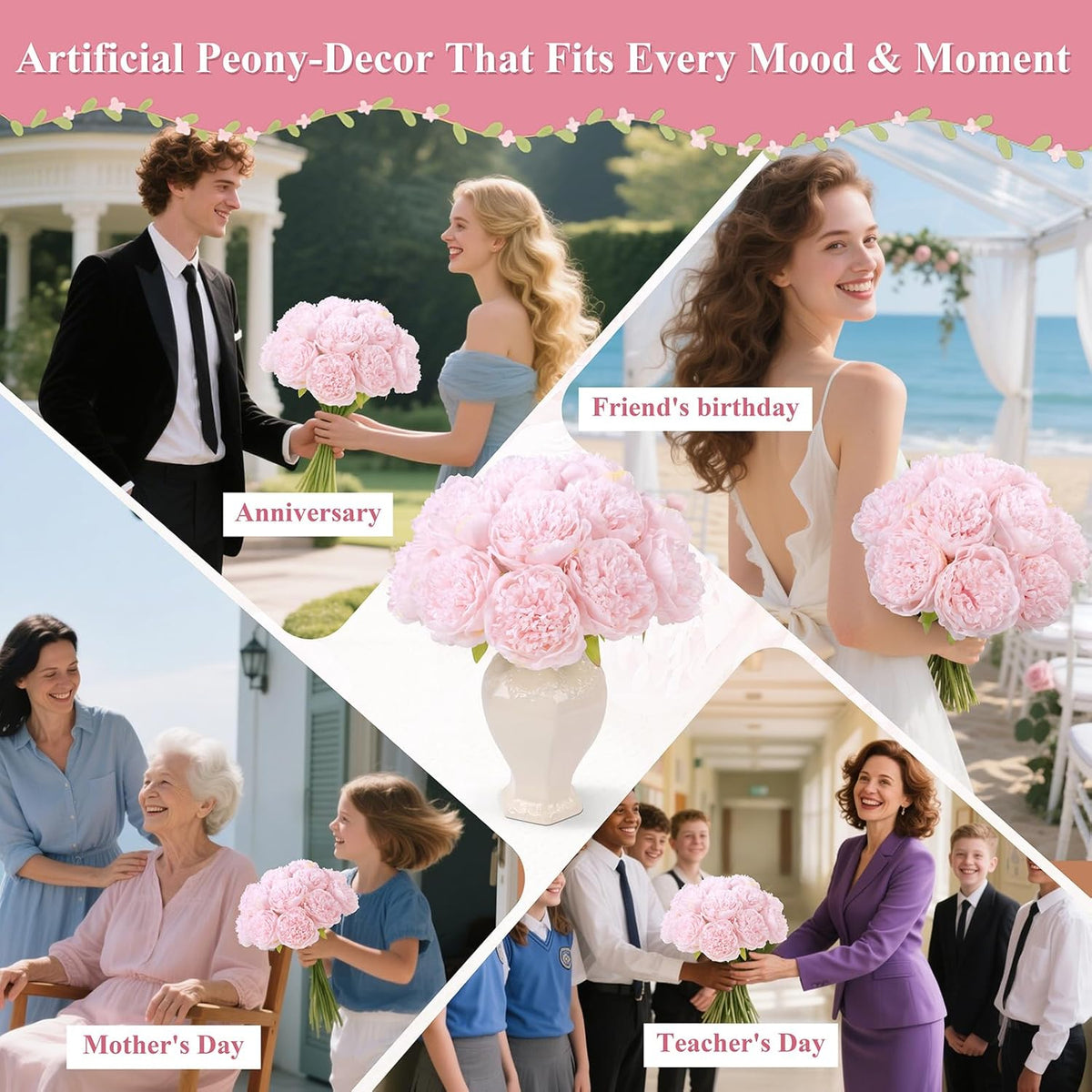 U'Artlines 20 Heads Artificial Peony Silk Flower Leaf Home Office Wedding Party Festival Bar Decor