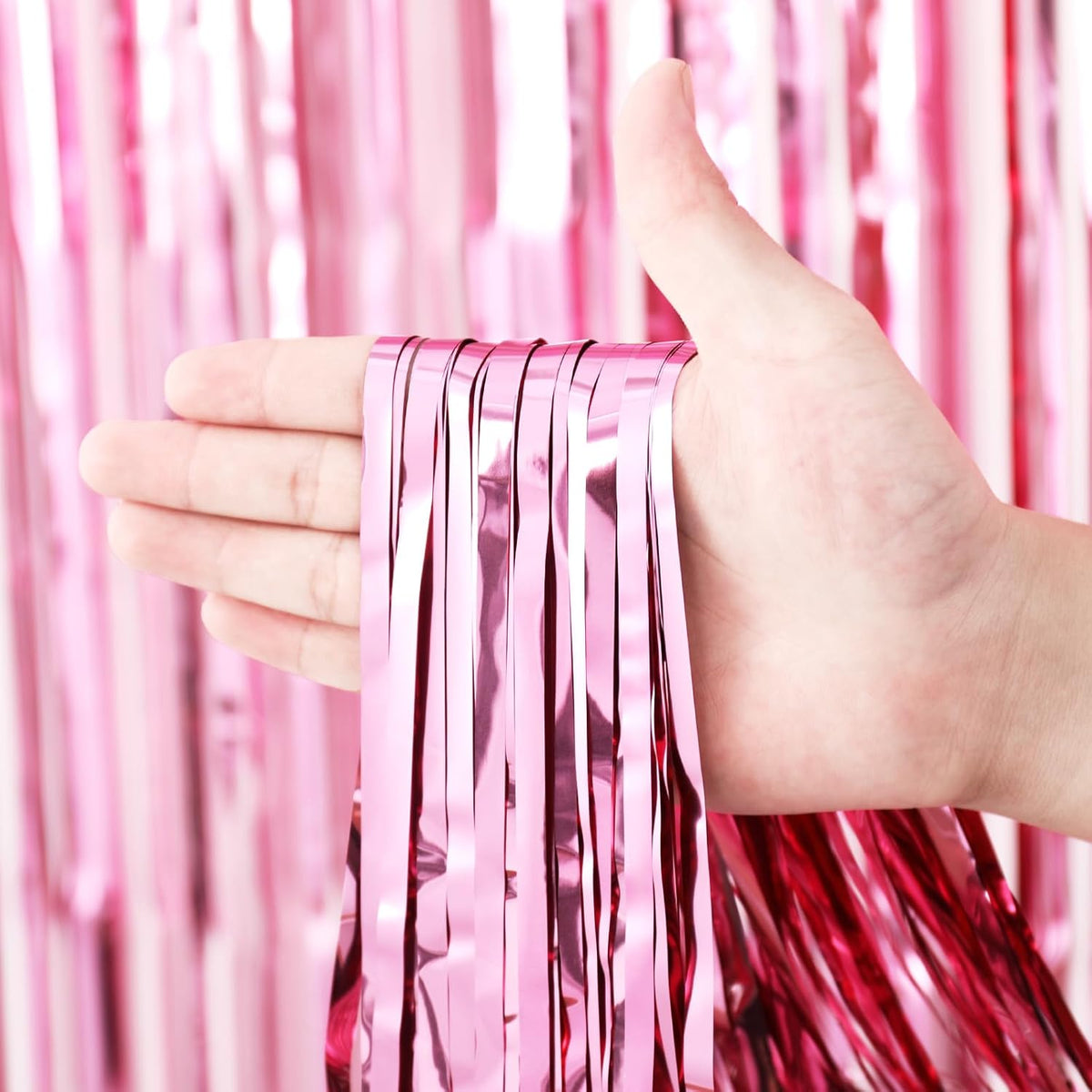 2 Pack Light Pink Foil Fringe Backdrop Curtains, Tinsel Streamers Birthday Party Decorations