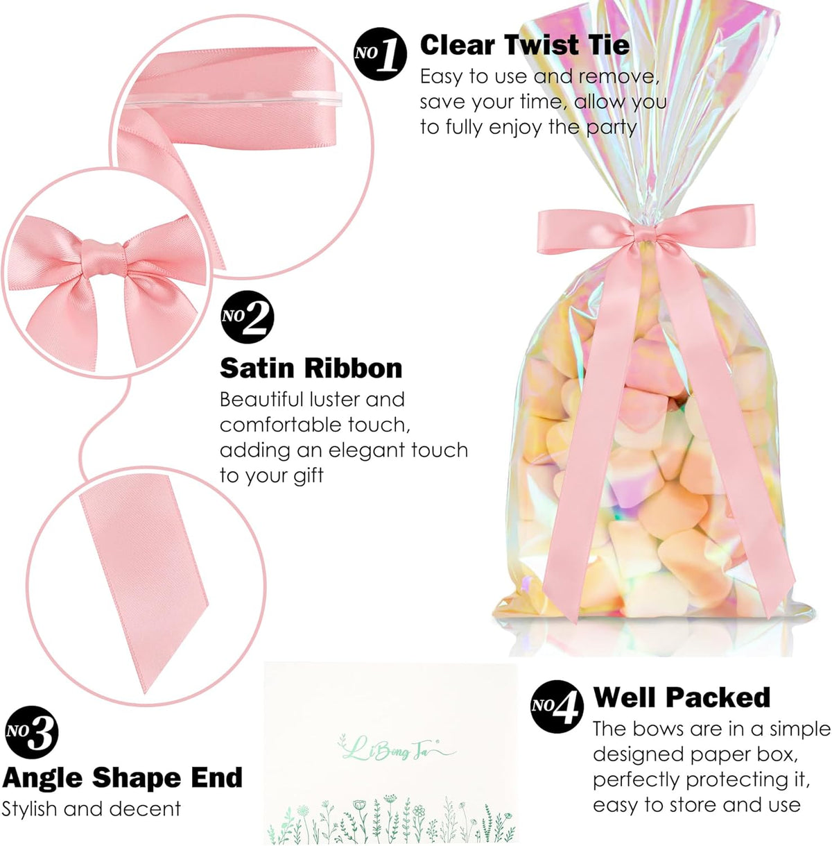 50 PCs Pink Bow Decor 5.5'' Satin Bows with Long Tail, Twist Tie Bows for Craft, Packaging Ribbon