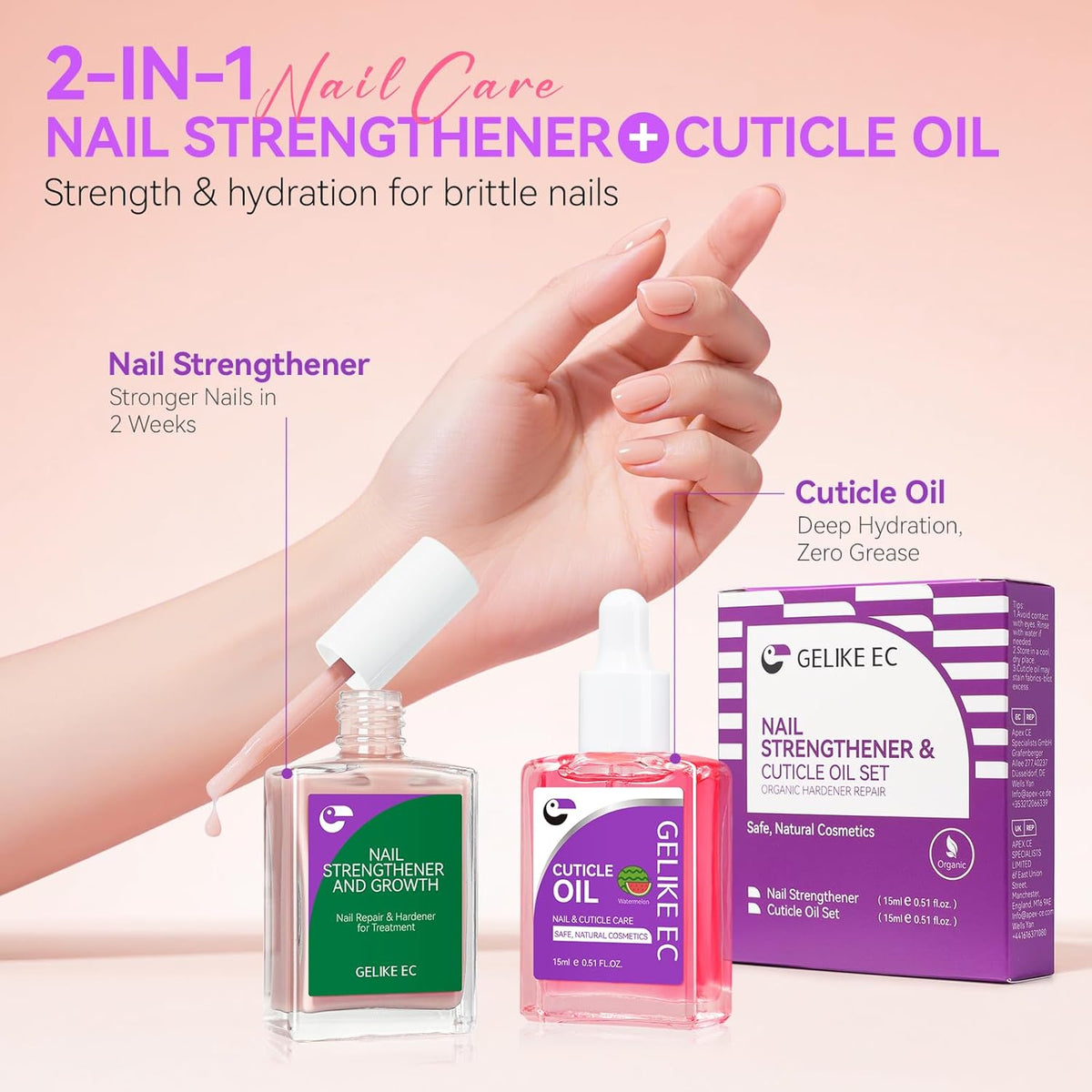 Gelike EC Professional Nail Care Kit: Nude Nail Strengthener and Growth & Watermelon Cuticle Oil