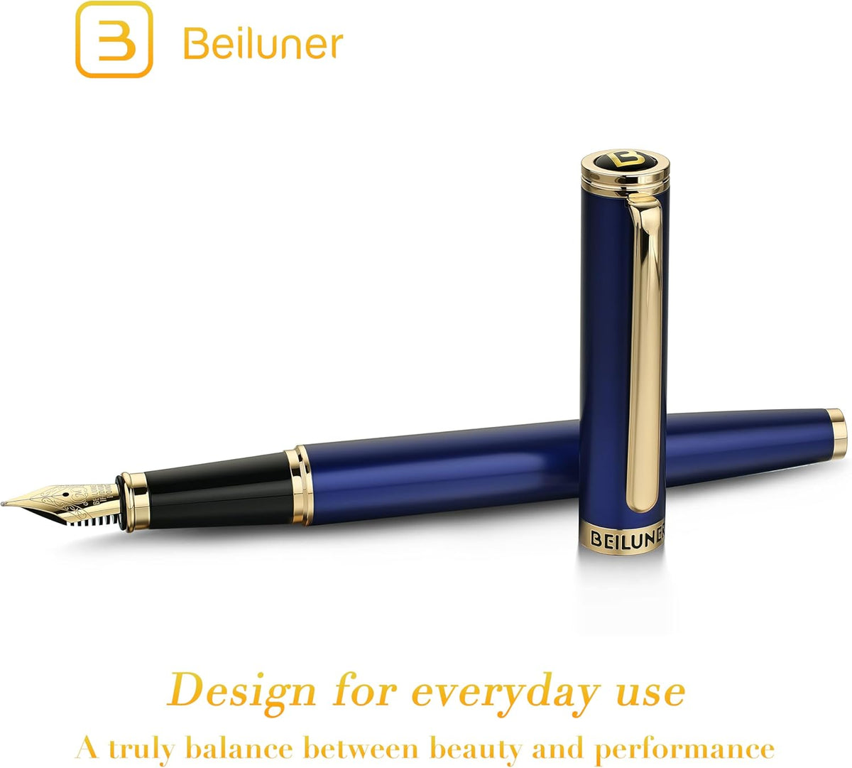 BEILUNER Blue Fountain Pen,Stunning Luxury Pens with 24K Gold Finish, Gorgeous 24K Gilded