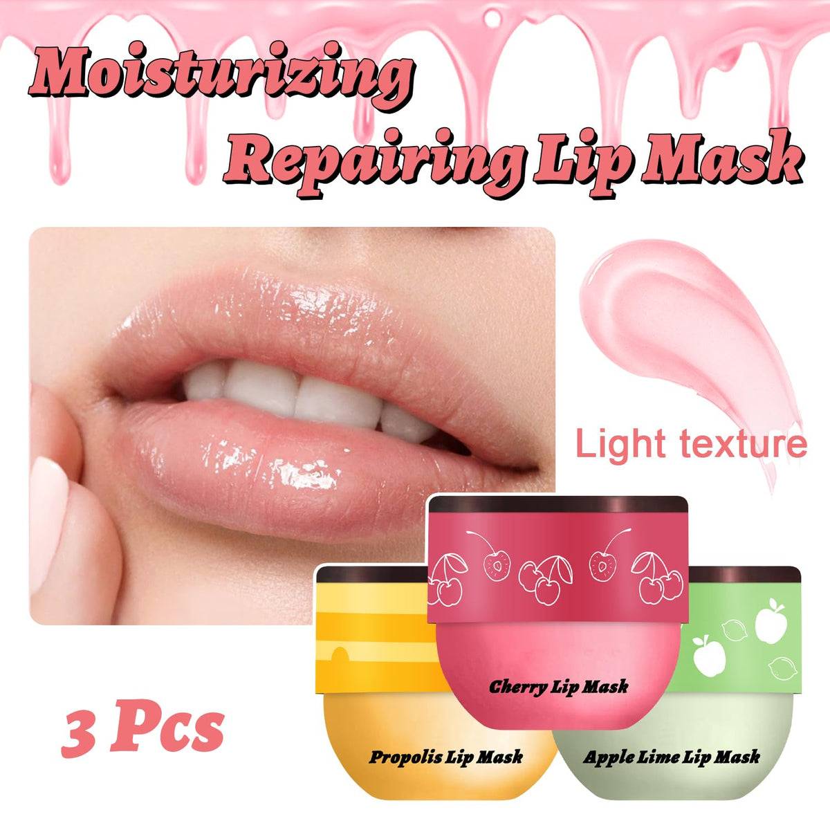 3 PCS Bee Lip Balm Mask Honey Pot, Watermelon, Cherry & Coconut Propolis Moisturizing, Hydrating