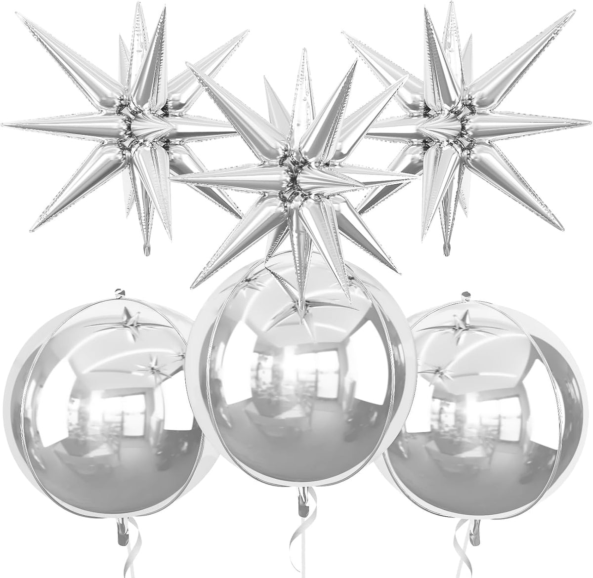 6Pcs Silver Foil Balloons,22Inch Silver 4D Round Ball Balloon and Explosion Star Balloon for