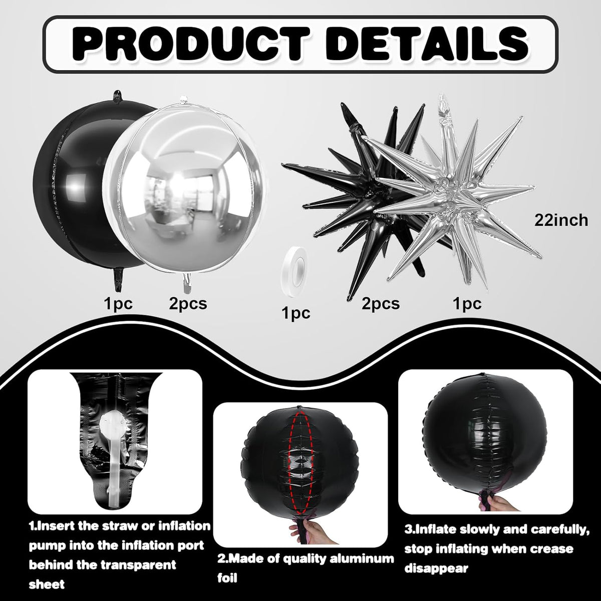 6Pcs Black Silver Foil Balloons,22Inch Black Silver 4D Round Ball Balloon and Explosion Star