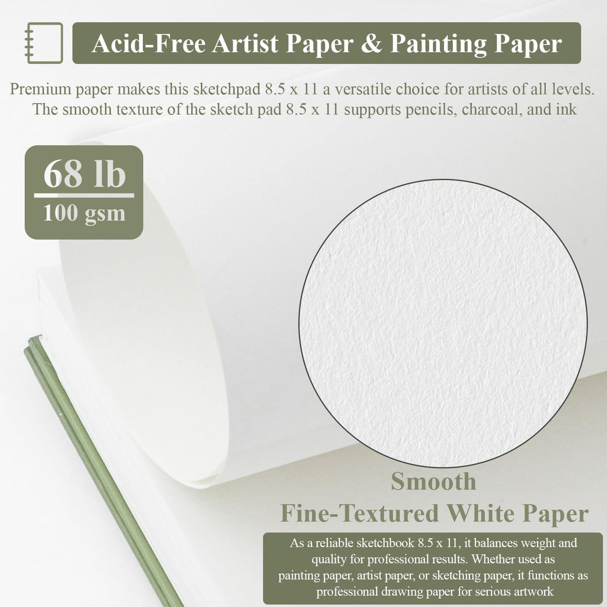 Sketch Book 8.5 x 11, Sketch Pad, Pack of 1 (68lb/100gsm), 100 Sheets Spiral Sketchbook, Acid Free