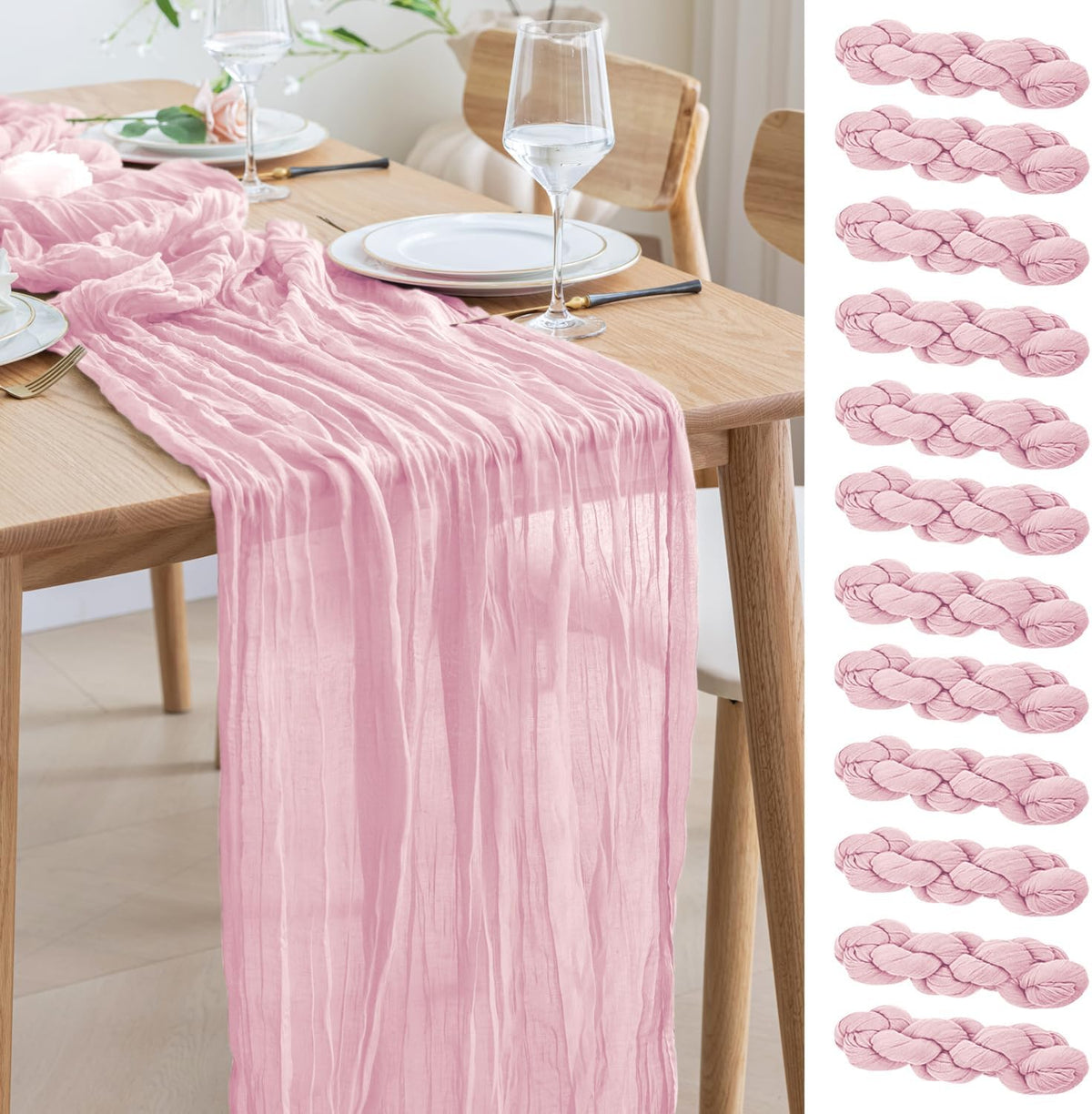 Asee'm 12pcs Cheesecloth Table Runner 120 Inches Blushing Pink Boho Gauze Cheese Cloth Runner 10FT