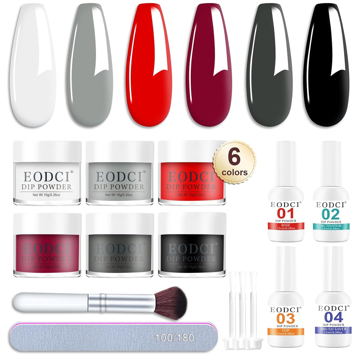 12 Pcs Dip Powder Nail Kit Starter, 6 Colors Red Black White Dipping Powder Kit With Base & Top