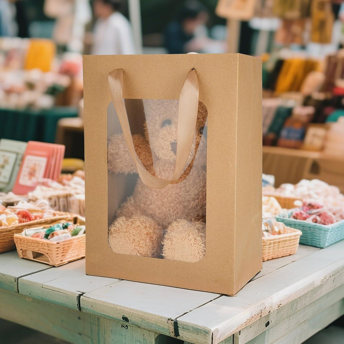 MOXARYSU 3 Pcs Brown Gift Bags with Clear Window: 9.8x5.1x7.1 Inch Medium Kraft Paper Bags with