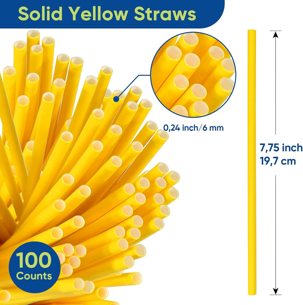 Solid Yellow Disposable Paper Drinking Straws 7.75 inch 100 Counts - for Beverage, Birthday, Party