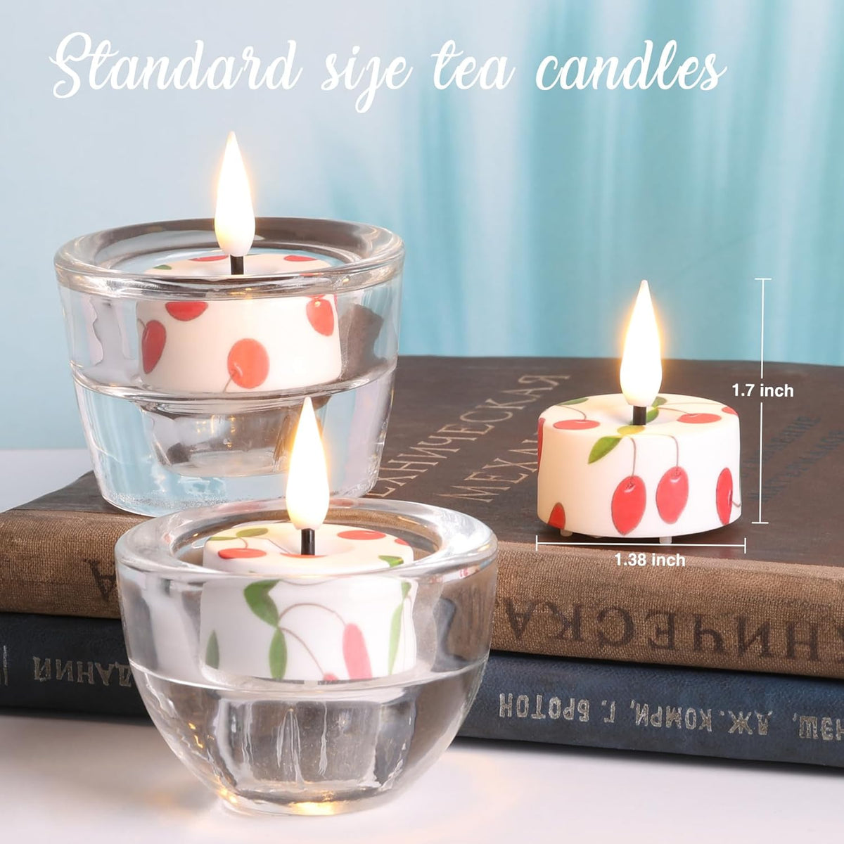 Eywamage Cherry Flameless Tealights with Remote Batteries, Flickering Plastic LED Tea Votive
