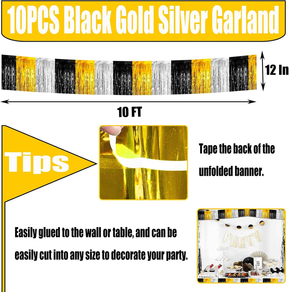 10 Pack 10 Feet Foil Fringe Garland Metallic Tinsel Streamers Banner Wall Hanging Backdrop for
