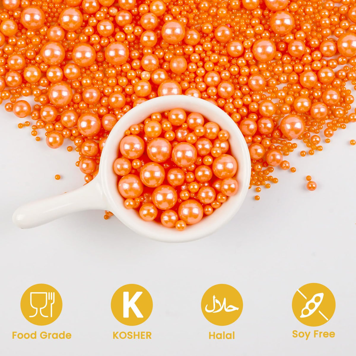 Edible Orange Pearl Sugar Sprinkles, Edible Sugar Sprinkles, Pearls for Cake Decorating, Ice Cream