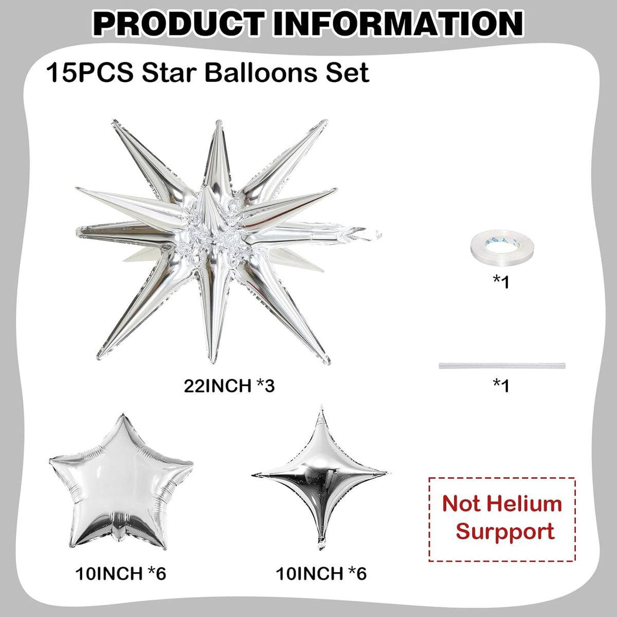 Silver Star Balloons, 22in Large Star Balloons Foil 10in 4-Pointed & Silver Pentagram Balloon for
