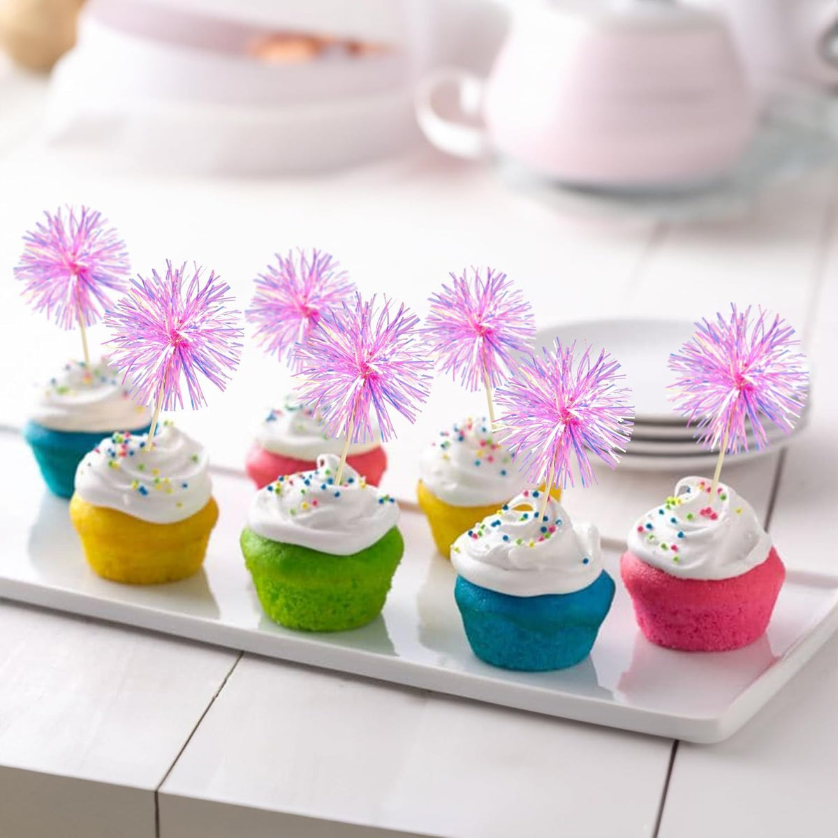 Gyufise 30Pcs Foil Firework Cupcake Toppers Sparkle Tinsel Cake Toppers Tinsel Drink Cake