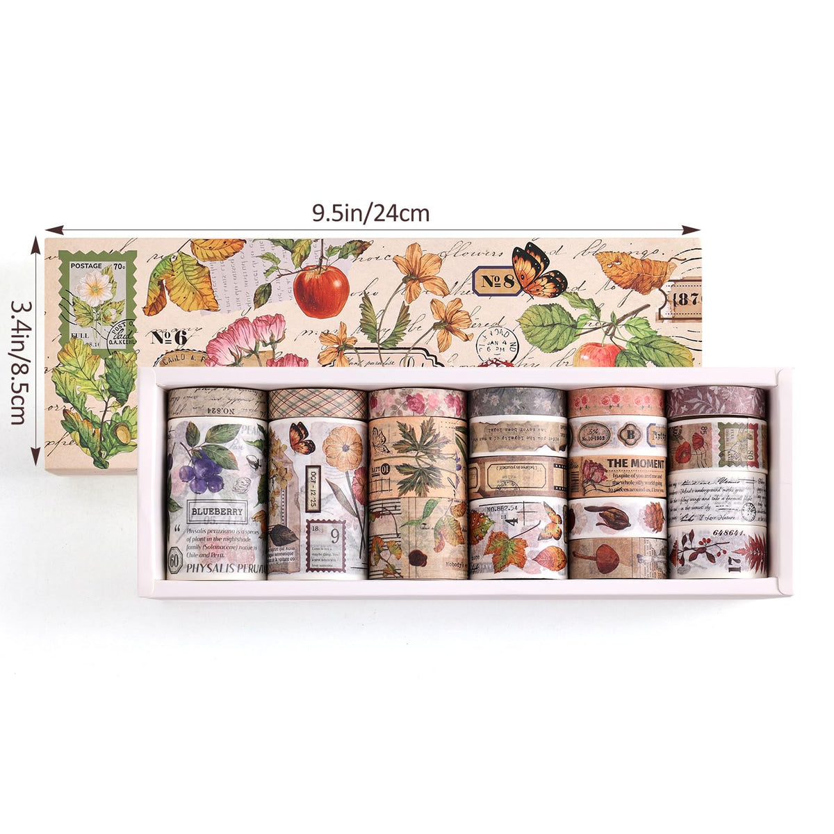 20 Rolls Vintage Washi Tape Set, Floral Letter Butterfly Mushroom Botanical Flower Writable