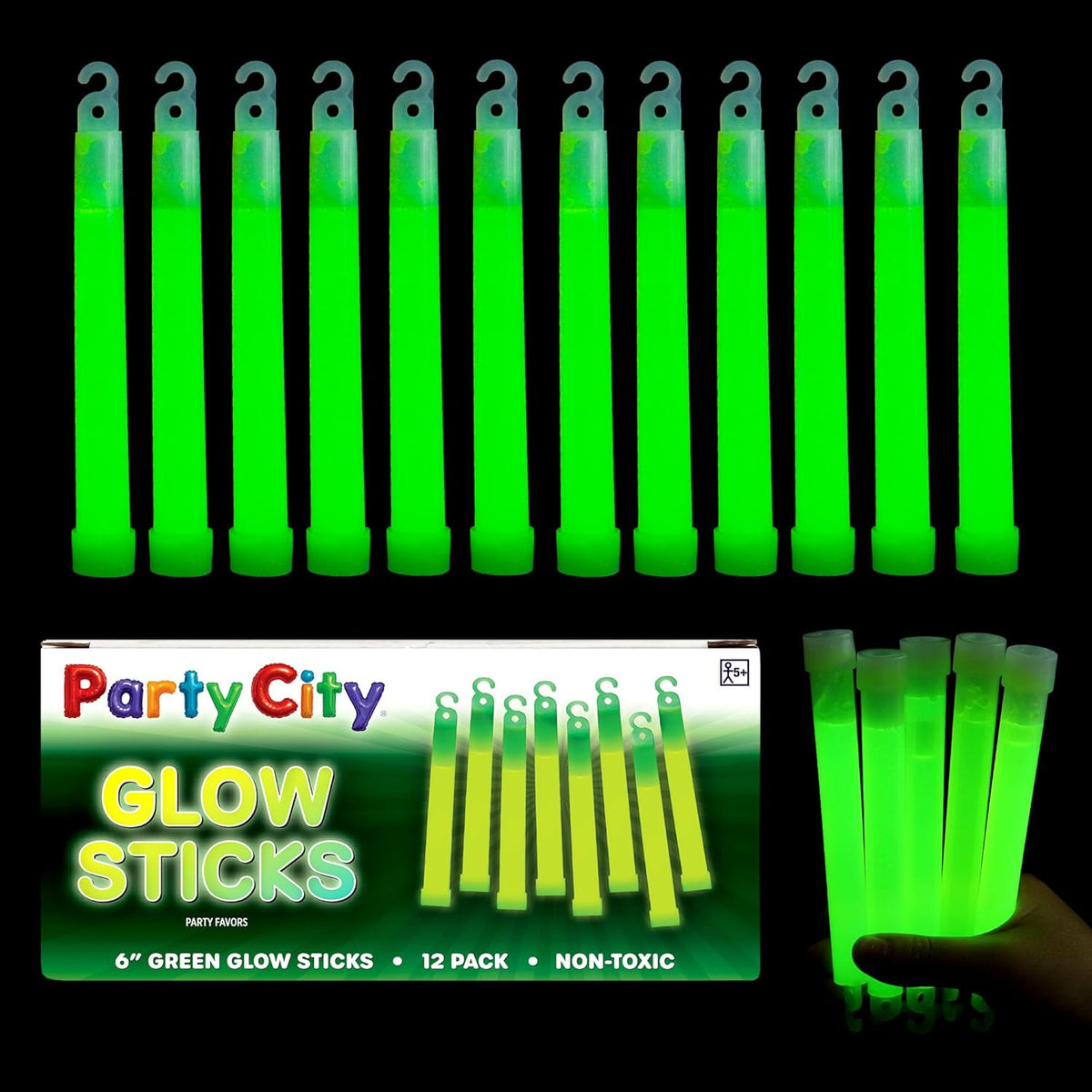 Party City Green Glow Sticks Bulk Pack 6”- 12pk Glow in the Dark Sticks for Kids, Waterproof