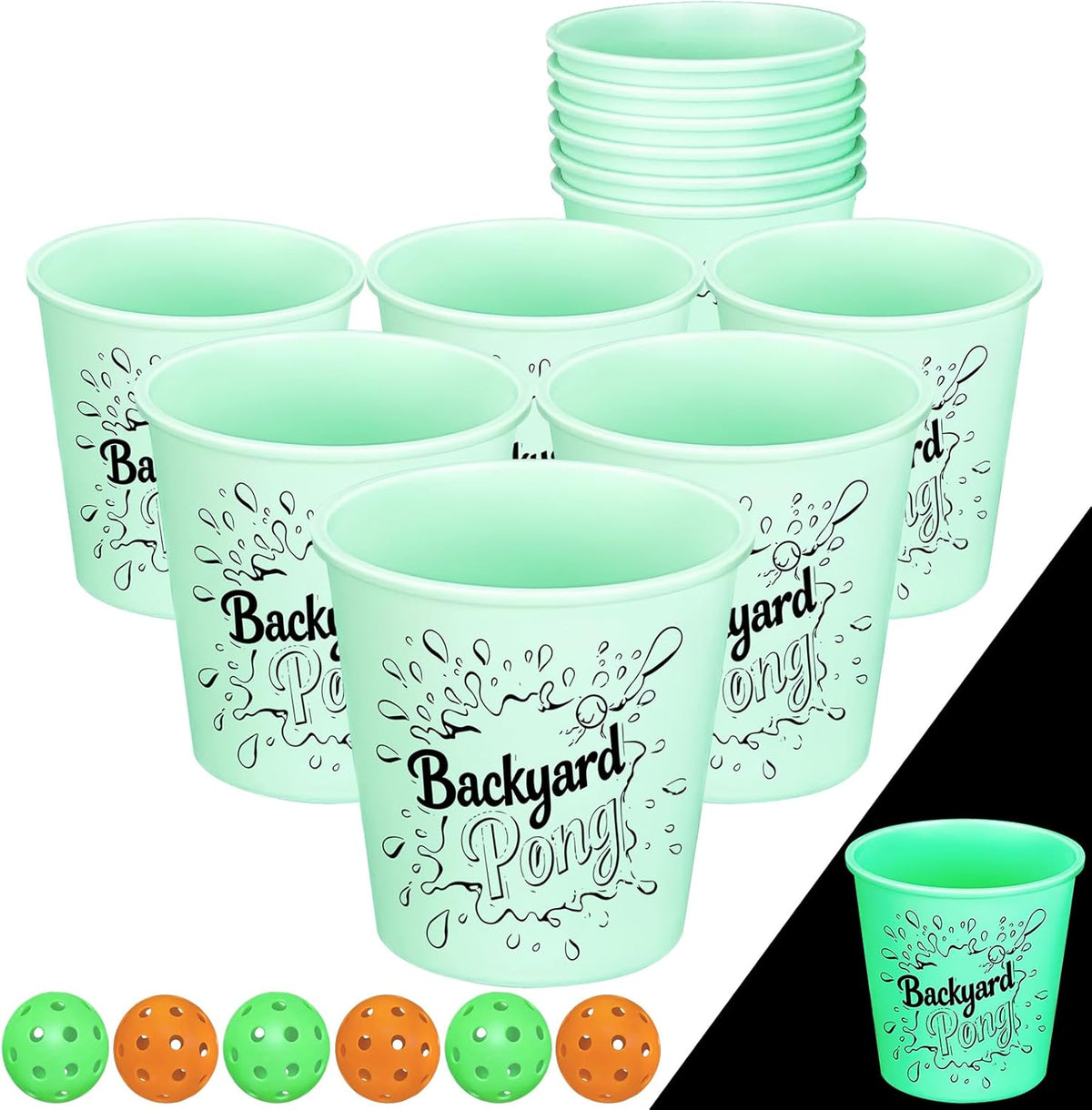 Mostop Yard Pong Game Set Glow in Dark with 12 Buckets, 6 Balls, Carrying Bag - Throwing Game for