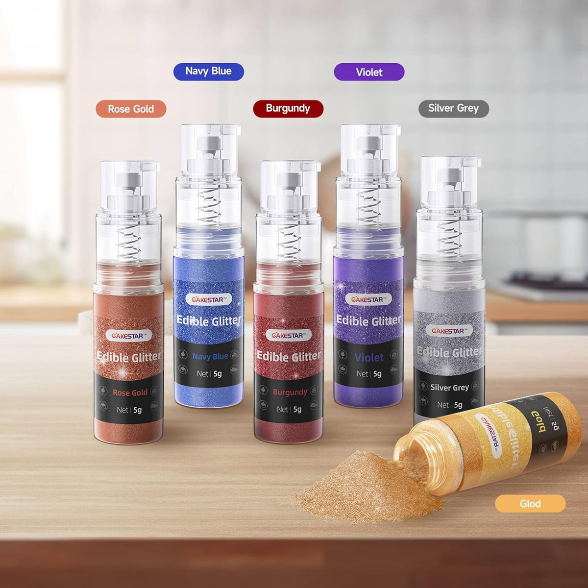 Edible Glitter Spray, Edible Luster Dust, 6 Colors, Edible Glitter for Cocktails, Powder for Cake