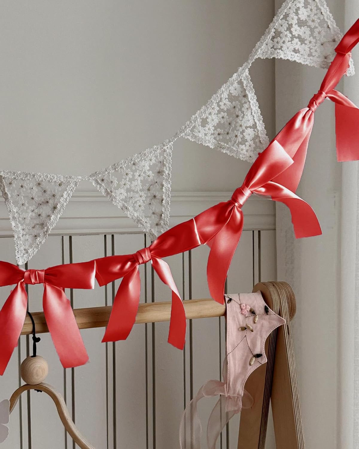 Pre-Assembled Red Bow Garland | Double Side Satin Silk Bow Banner 6FT+ 3ft Extend Ribbon for