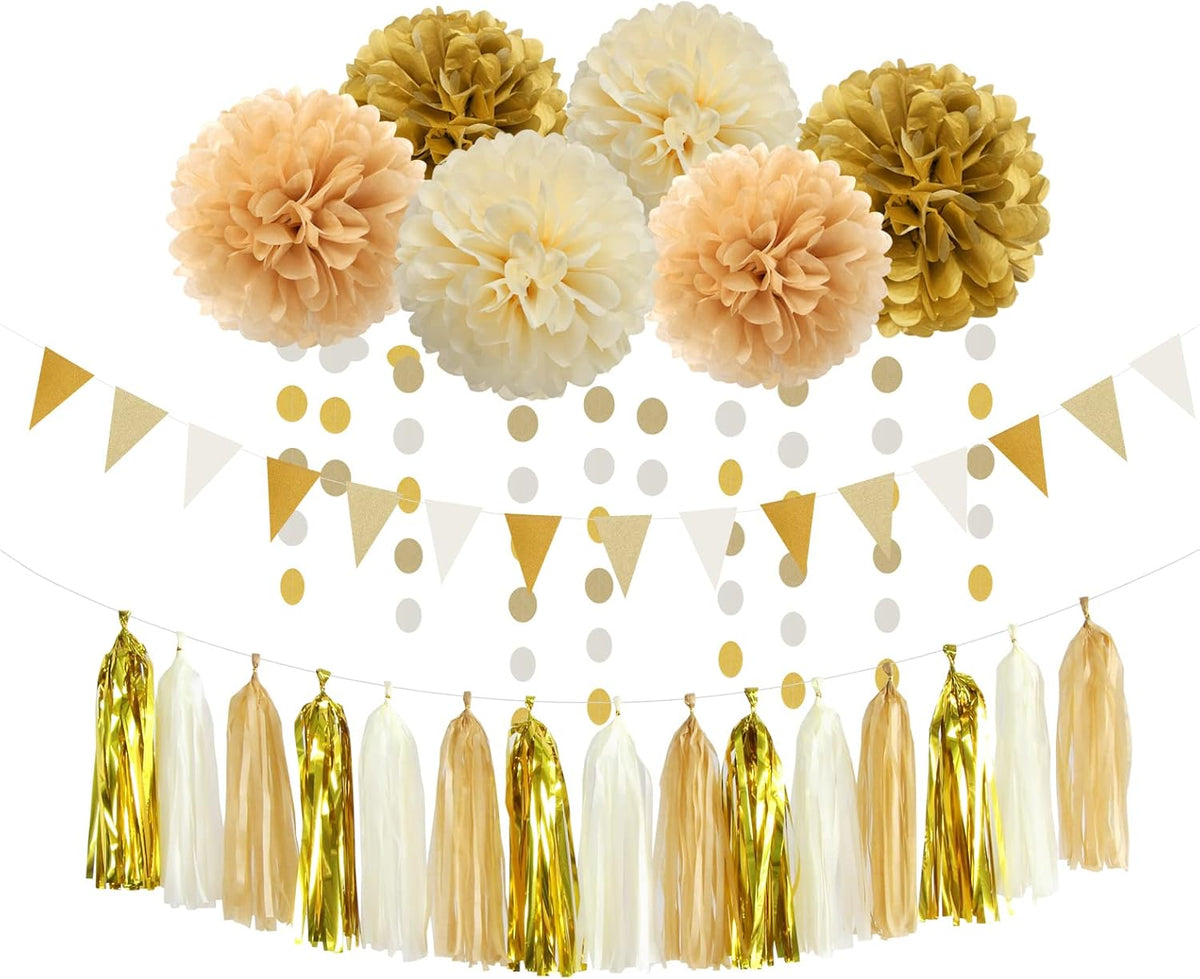 White Gold Champagne Party Decorations - 23pcs Tissue Pom Poms Streamers,Christmas Wedding