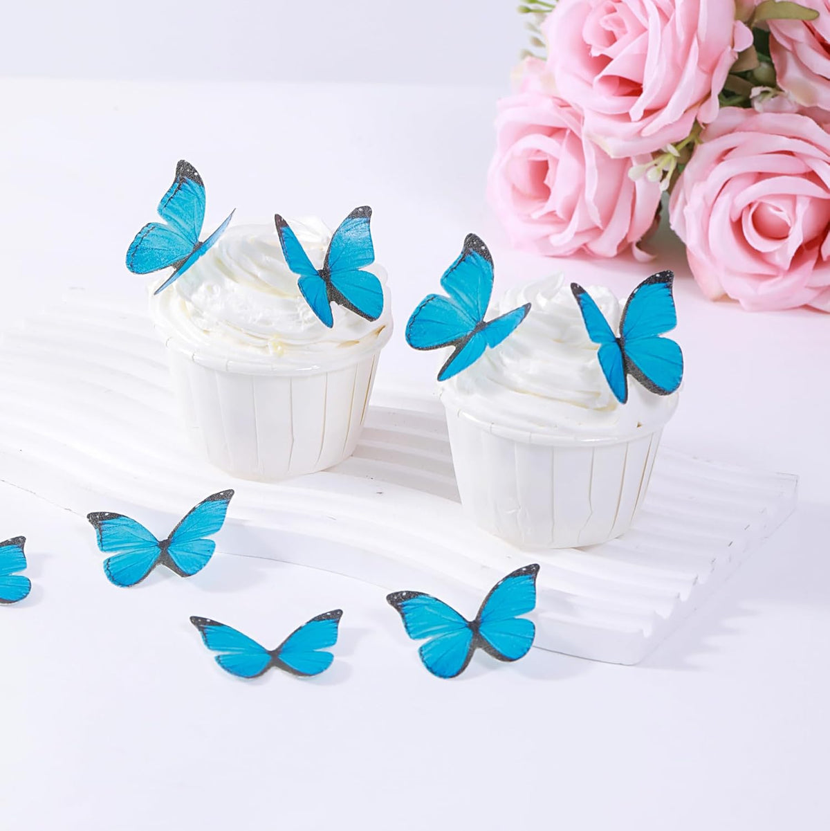 48PCS Blue Edible Butterfly Cake Toppers Wafer Paper Butterflies for Cake Decorations Colorful