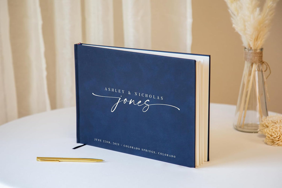 Personalized Guest Book - 11.5" x 8.5" Custom Bride & Groom Names with Bookmark and Hard Cover 140