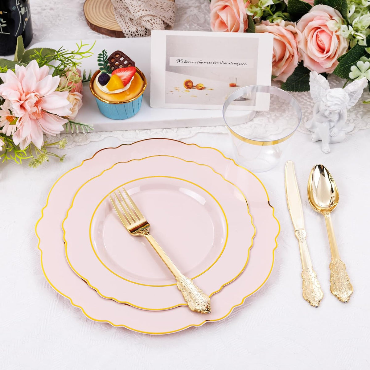 Liacere 350PCS Pink Plates Disposable - Pink and Gold Plates 50guest Baroque Plastic Dinnerware