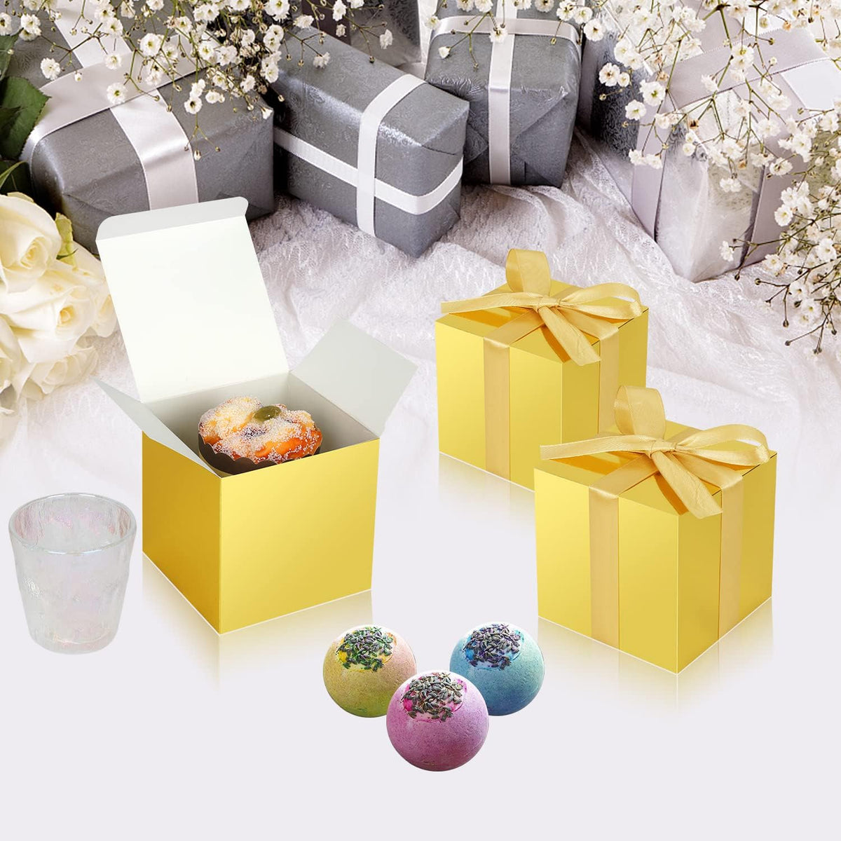 50 Pack Small Gift Boxes, 3x3x3 Favor Boxes Gold Paper Gift Boxes with Lids for Presents, Crafting