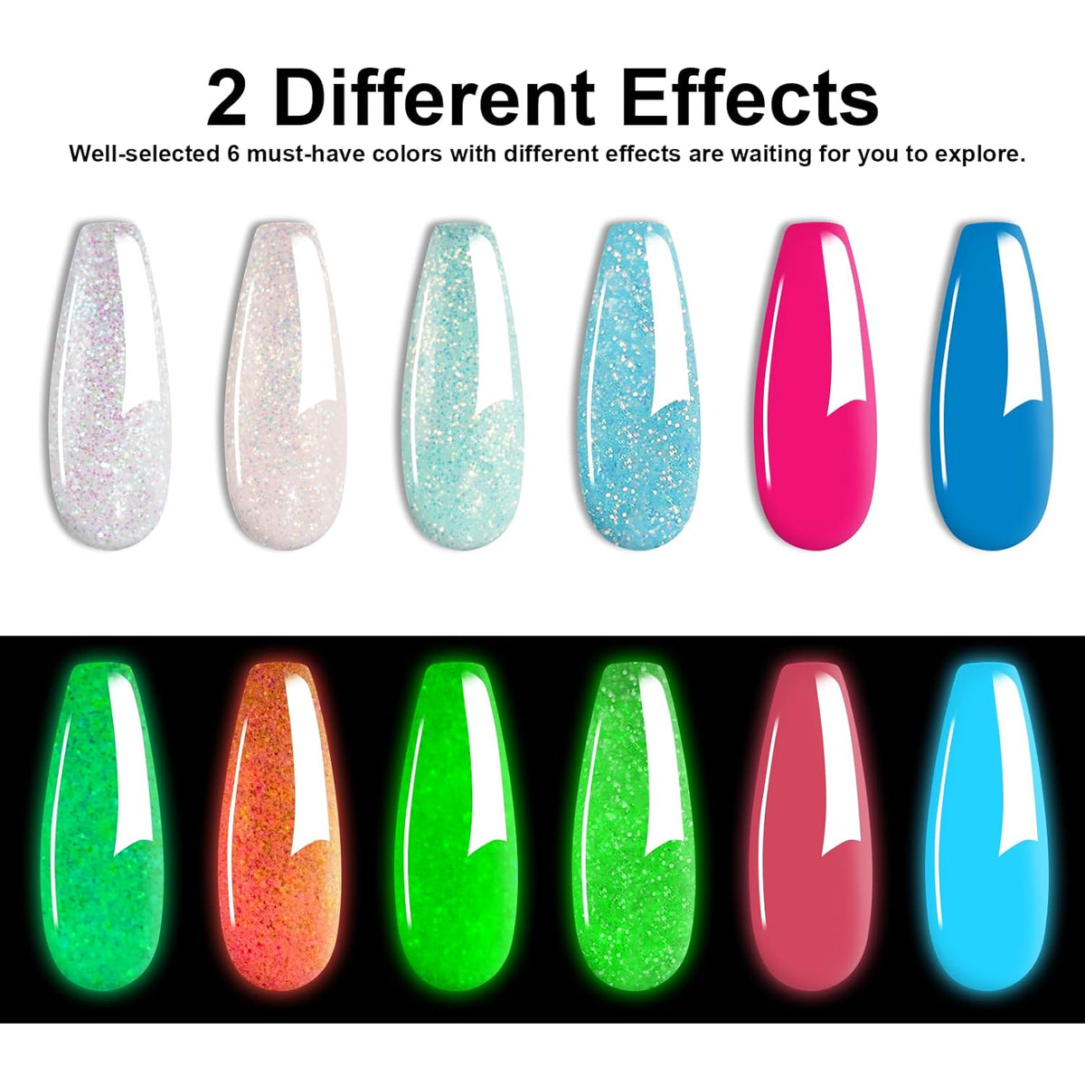 Glow in Dark Dip Powder Nail Set, 6 Colors 12 Pcs Dipping Powder Kit With Base & Top