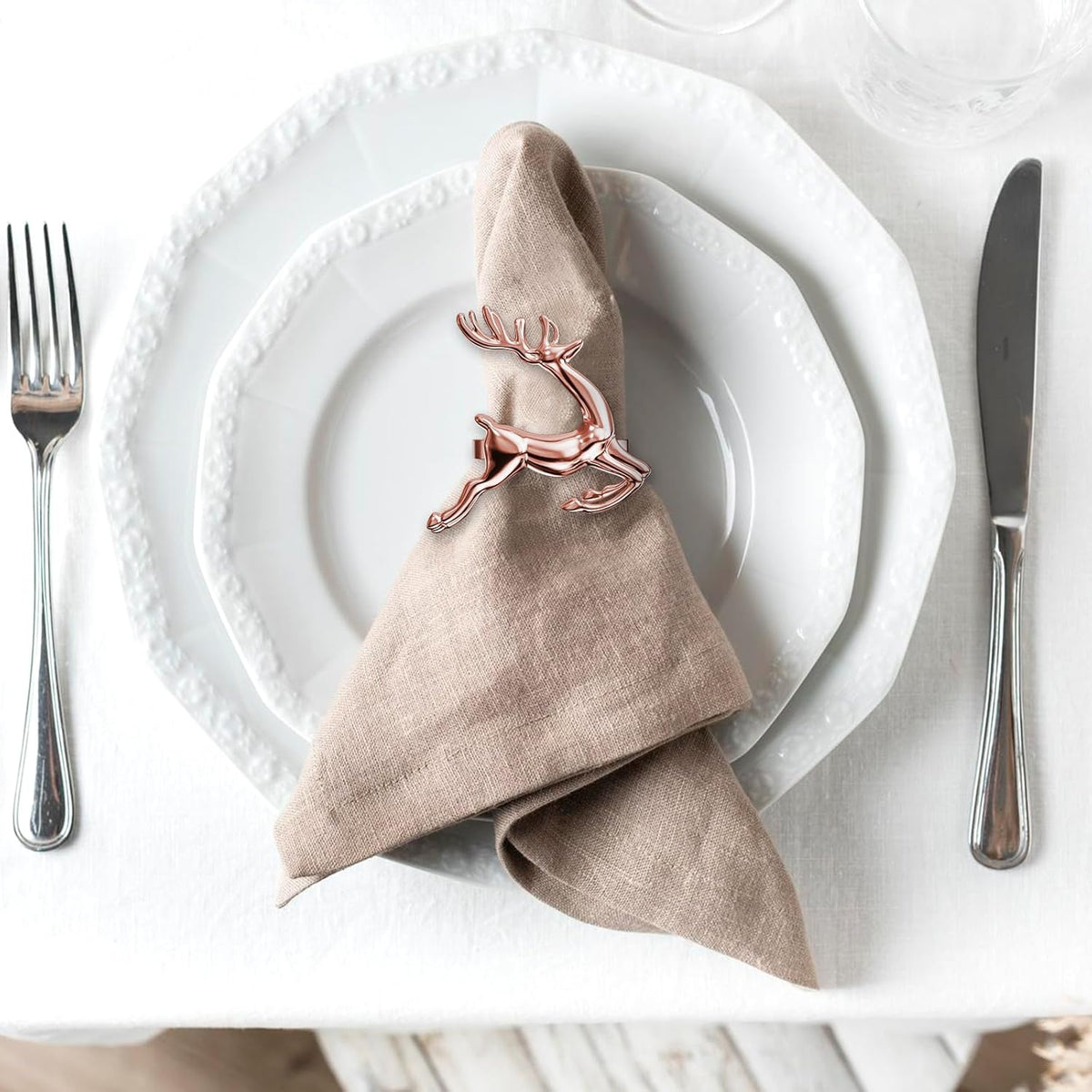ZeeDix Set of 8 Rose Gold Elk Chic Napkin Rings for Christmas Dinning Table Setting-Wedding