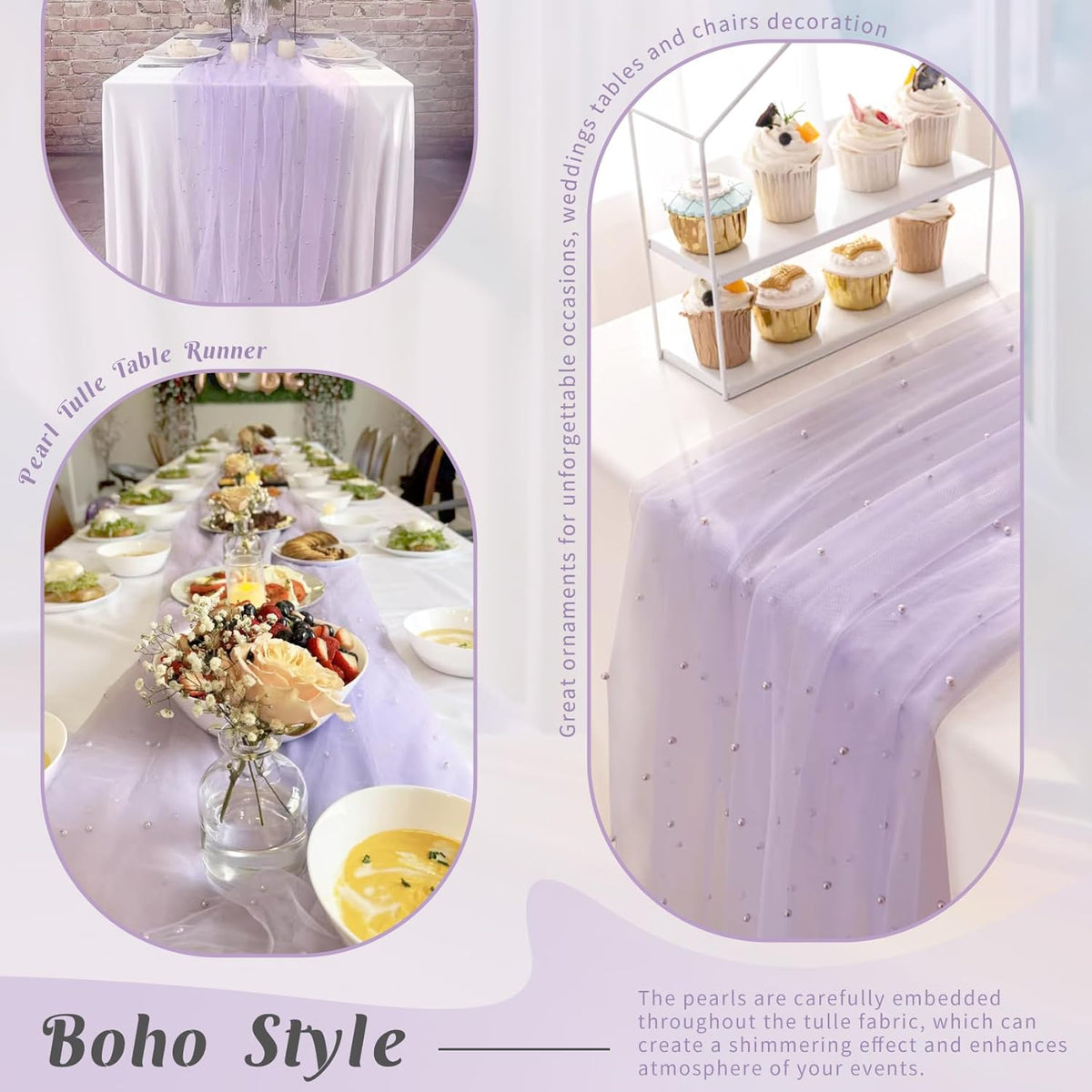 Pearl Table Runner 29 x 120 Inch Tulle Fabric Lace Table Runners Boho Rustic Tablecloth for Bridal