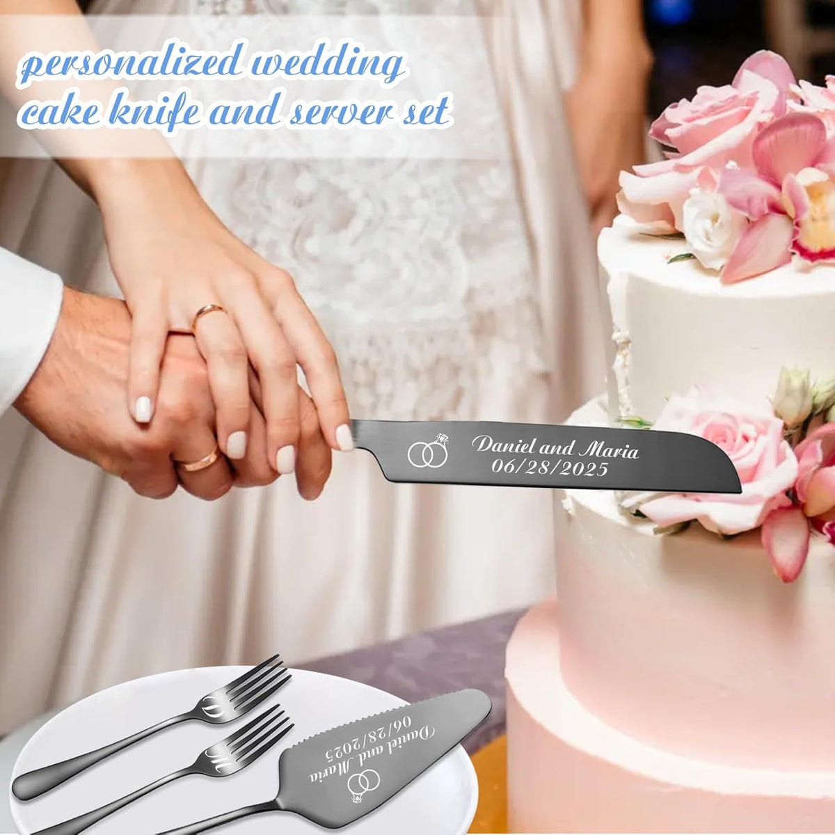 Personalized Wedding Cake Knife and Server Set, Custom Names Cake Cutting Set with Stainless Steel