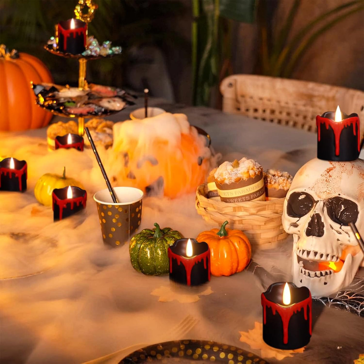 Halloween Black Votive Candles Battery Operated with Long Lasting CR2450 Batteries, LED Flameless