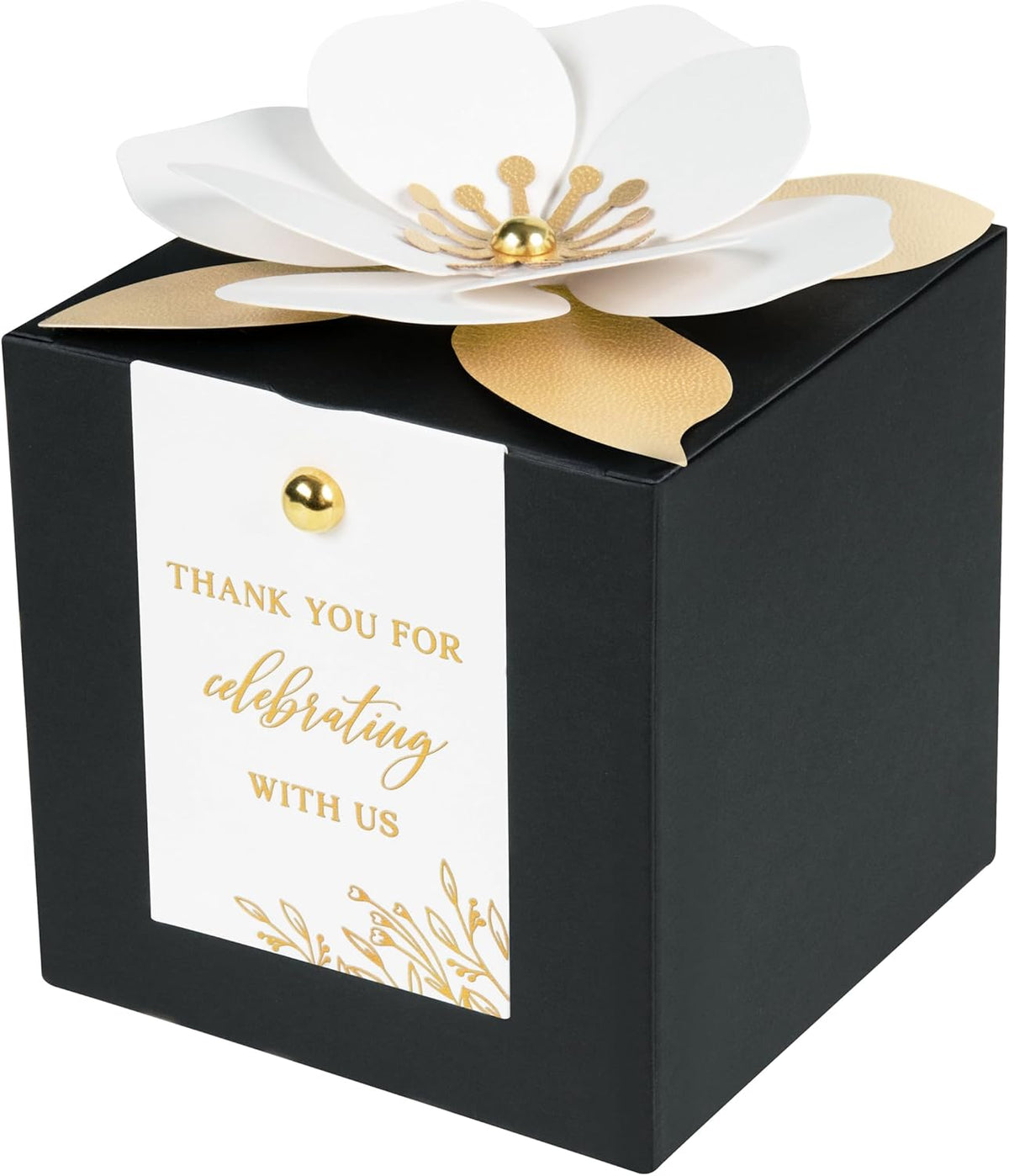 FEIYI 20 PCS Black Gift Boxes, 3 In 1 Favor Boxes with Floral Decor, White Thank You Tags Cupcake