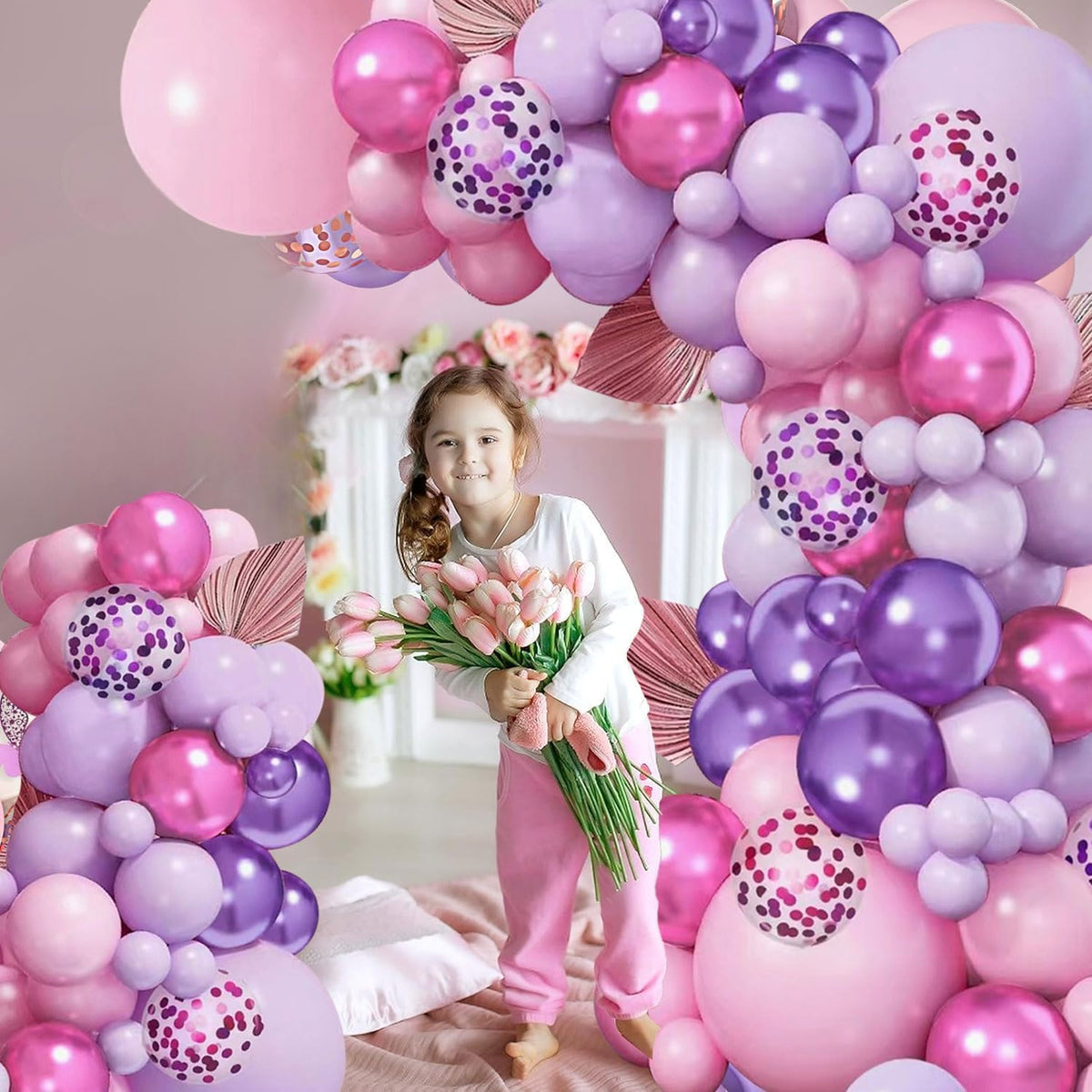 Pink and Purple Balloons,50Pcs 12 Inch Purple Pink Metallic Confetti Balloons with Ribbon for Girls