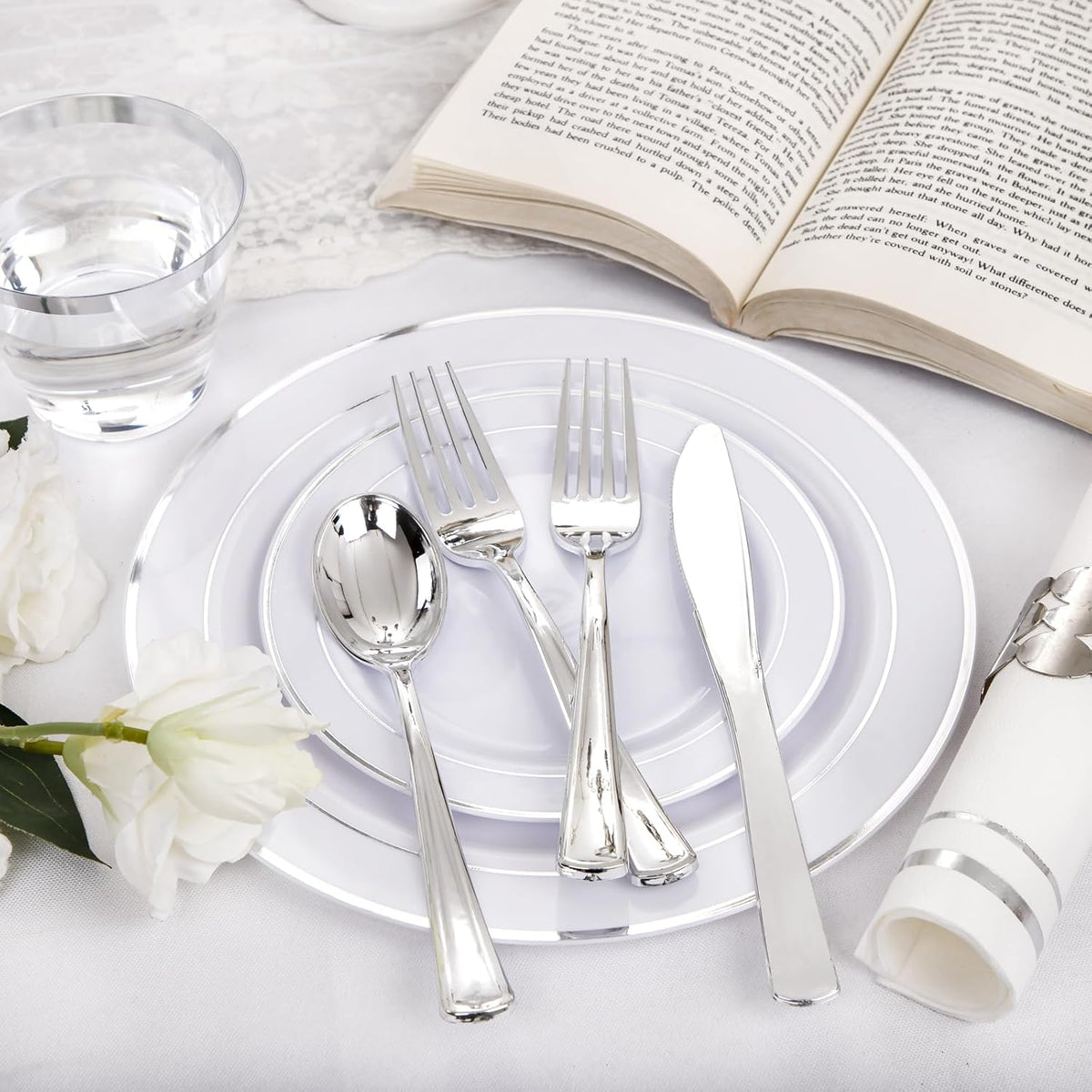 NOCCUR 700PCS Silver Plastic Plates Disposable for 100 Guests - Include 100 Dinner/Dessert White