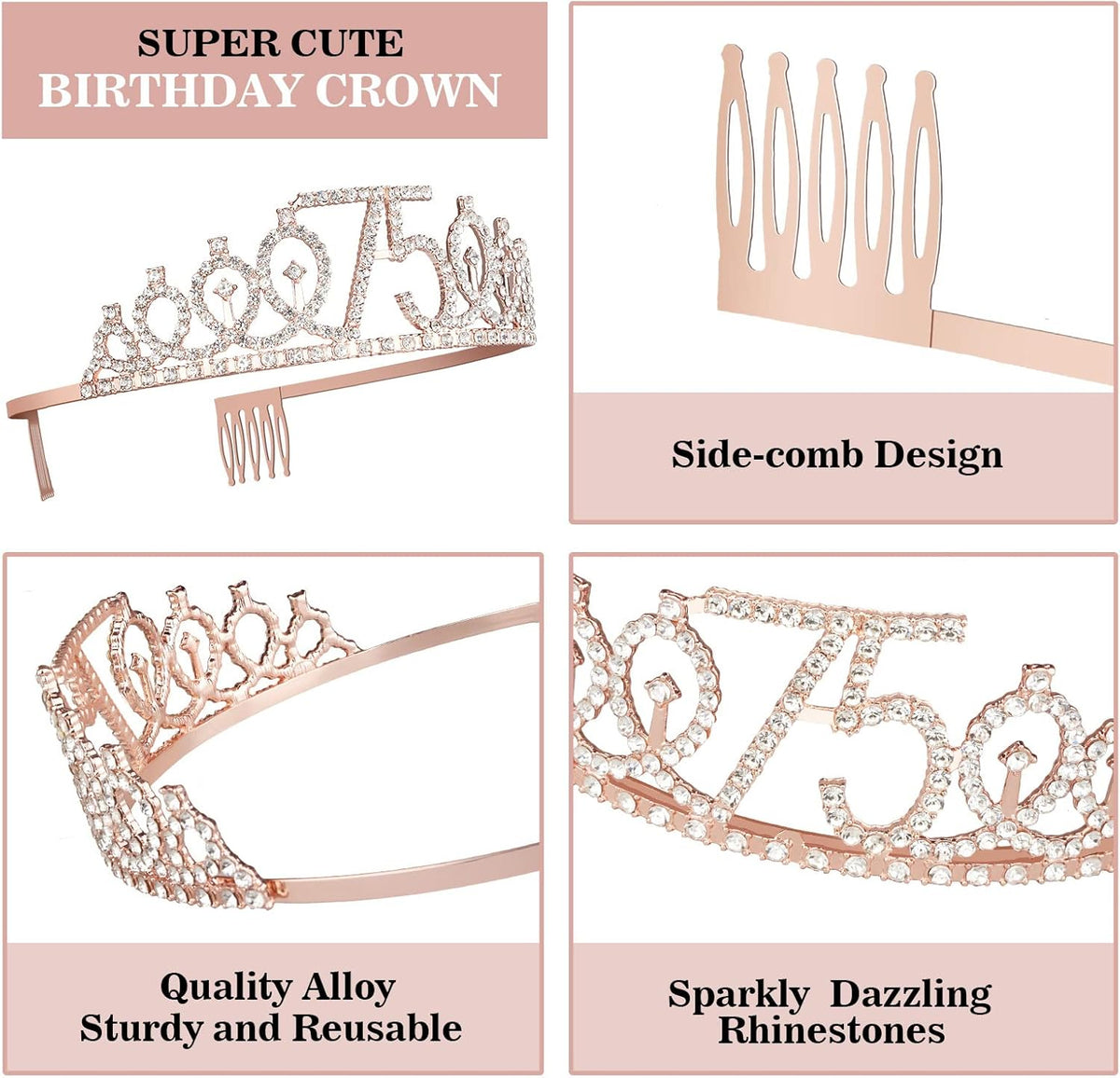 75th Birthday Decorations for Women Including Sash, Crown/Tiara, Candles and Cake Topper, Rose Gold