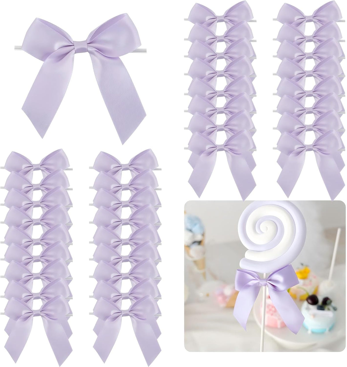 3.5" Lavender Bow Satin Pre-Tied Bows for Gift Wrapping, Small Bows for Crafts, Purple Bows, Candy