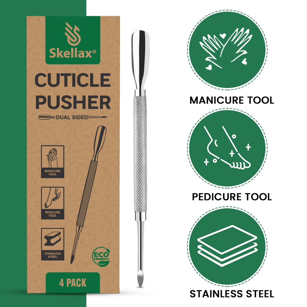 4PCS Cuticle Pusher Double Ended Sharp Edge Spoon Shaped Set, Salon Quality Stainless Steel Metal
