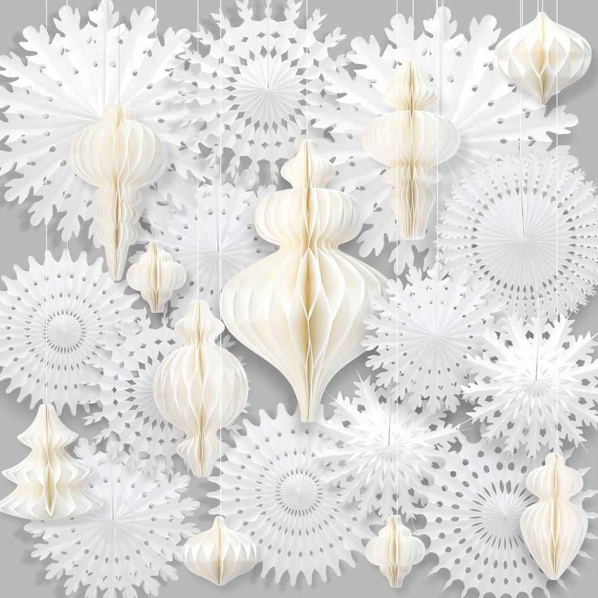 Cinnvoice 16 Pcs White Paper Snowflake Decorations 12 Pcs Christmas Paper Honeycomb Balls Ornaments