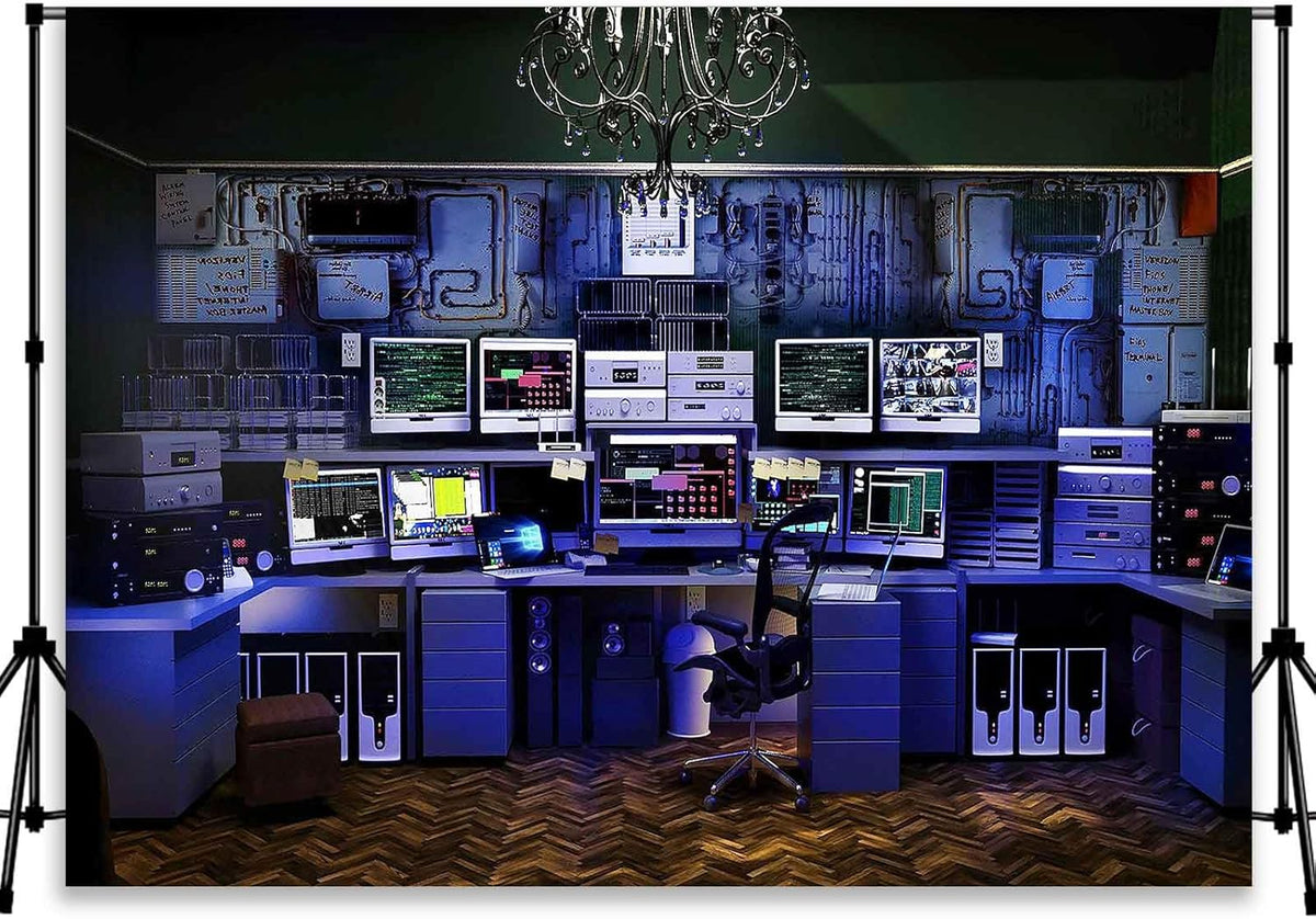 Computer Office Backdrop Retro Computer Photo Backdrop Blue Computers Hacker Room Background for