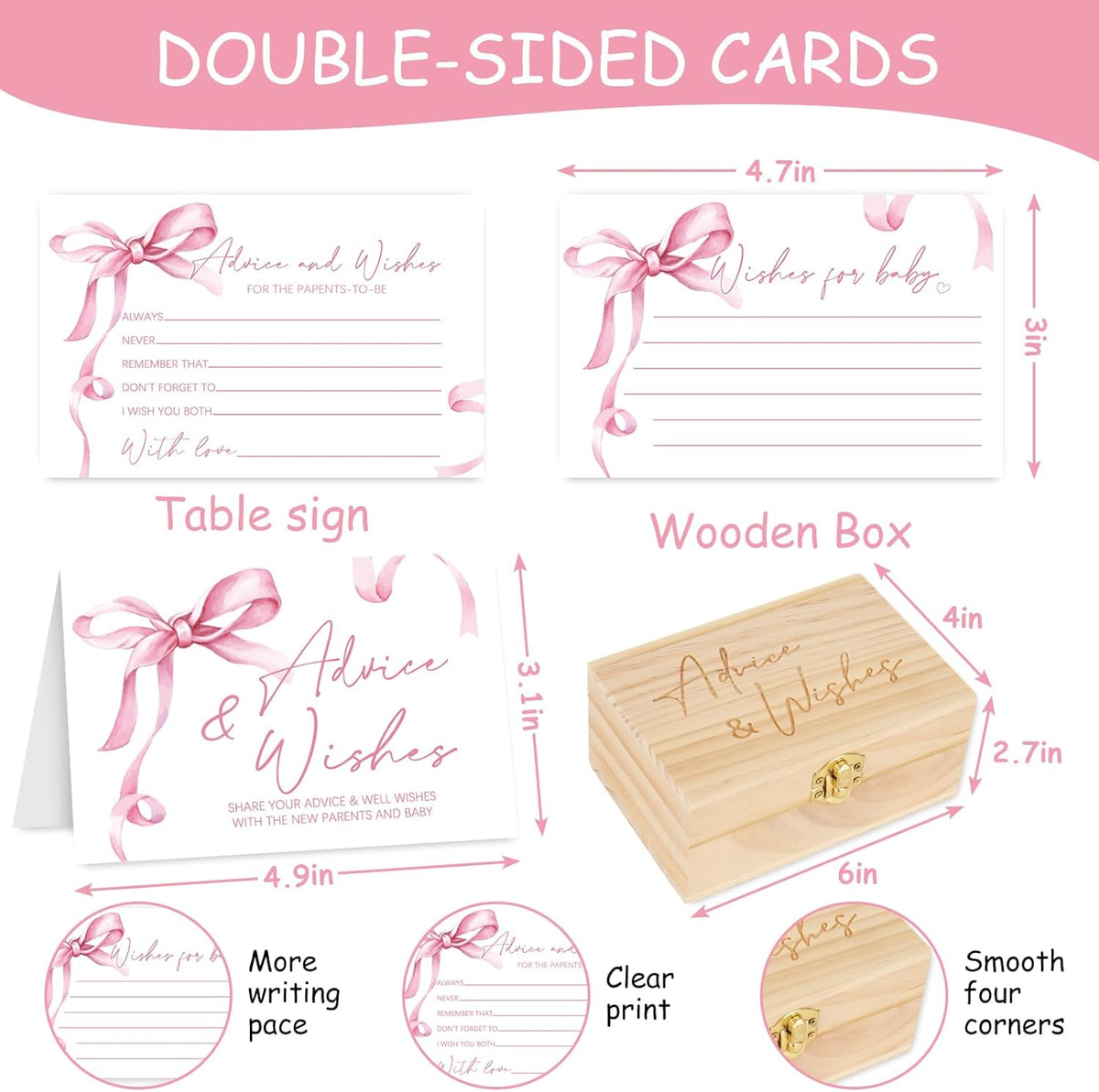 50Pcs Baby Shower Advice Cards Double-Sided Pink Bow Advice and Wish Cards with Wood Box for New