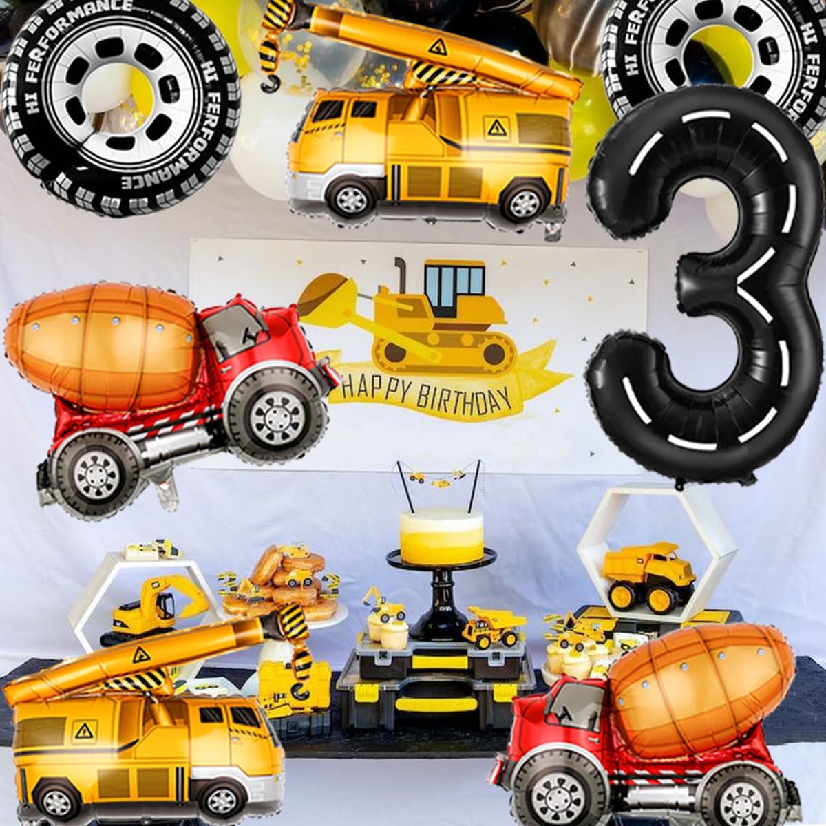 3rd Birthday Decorations for Boys Construction Balloons 40inch Number 3 Balloons Truck Foil Balloon