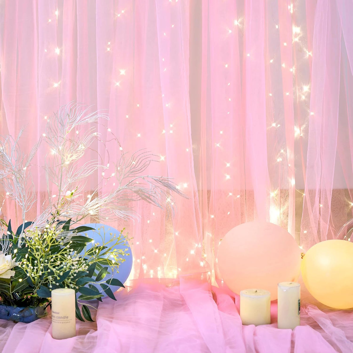 20ft x 10ft Pink Tulle Photo Backdrop Curtain with Lights String for Baby Shower Sheer Baby Pink