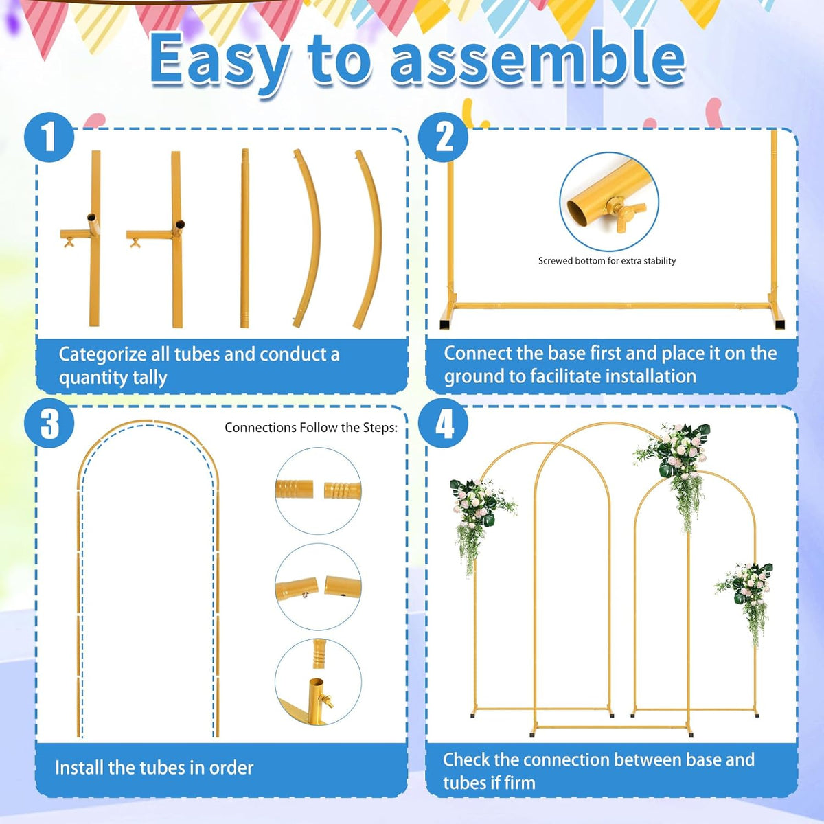 Metal Arch Backdrop Stand Set of 3 (7.2FT/6.6FT/6FT), Easy Assemble Balloon Arch Stand Kit